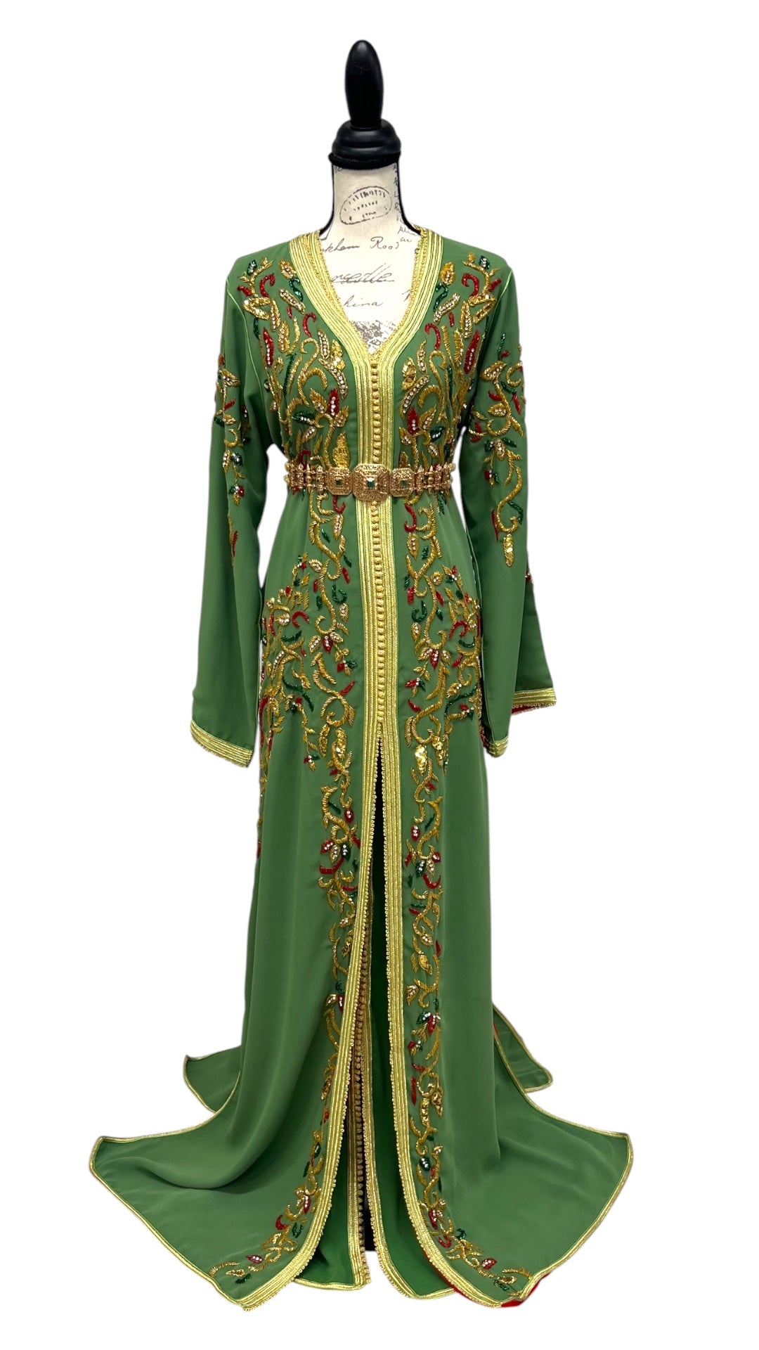 Sage Green Moroccan Caftan – Hand Beaded Embroidered Formal Dress