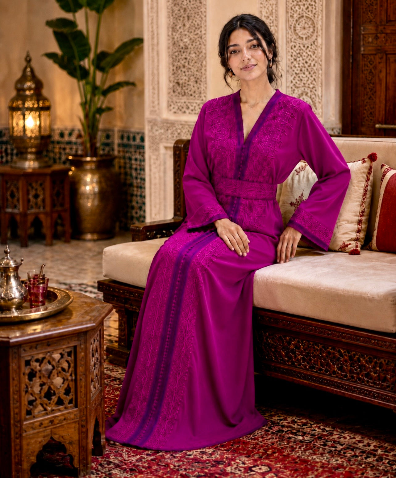 Magenta bestickter Crêpe-Kaftan
