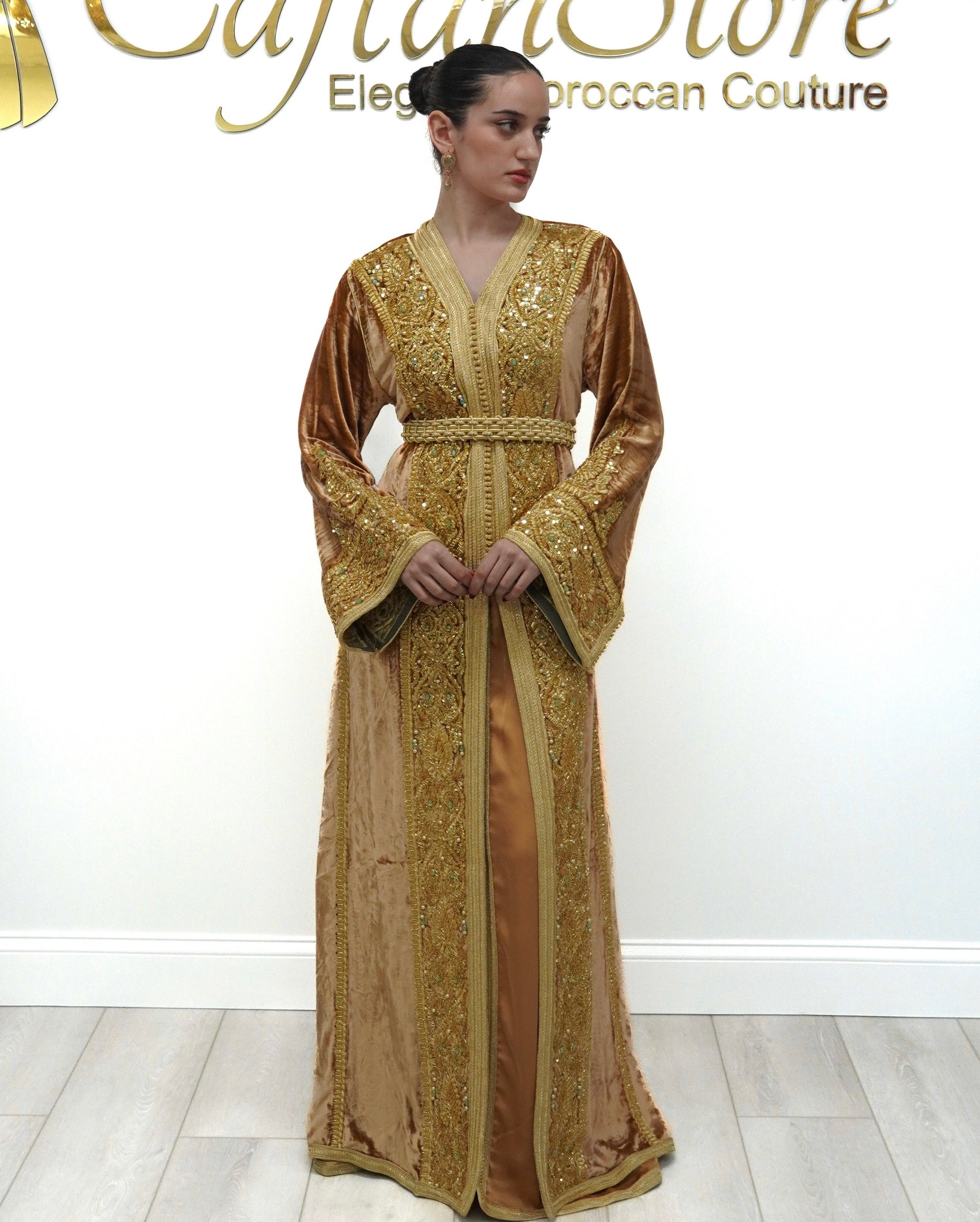 Moroccan Caftan Dress – Champagne Gold Silk Velvet Handbeaded