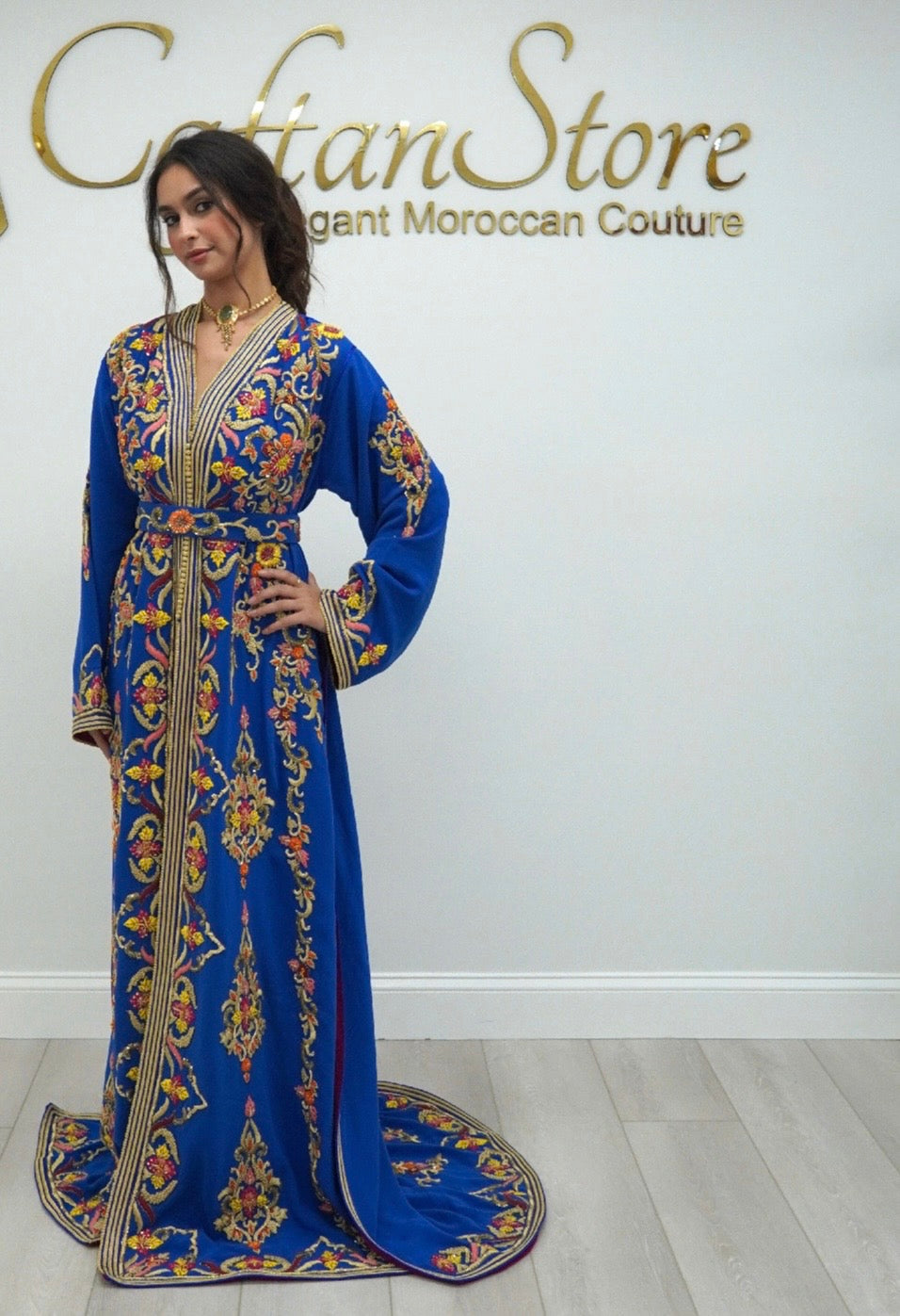 Moroccan Caftan – Cobalt Blue Two-Piece with Gold Embroidery Beaded Bridal Takchita