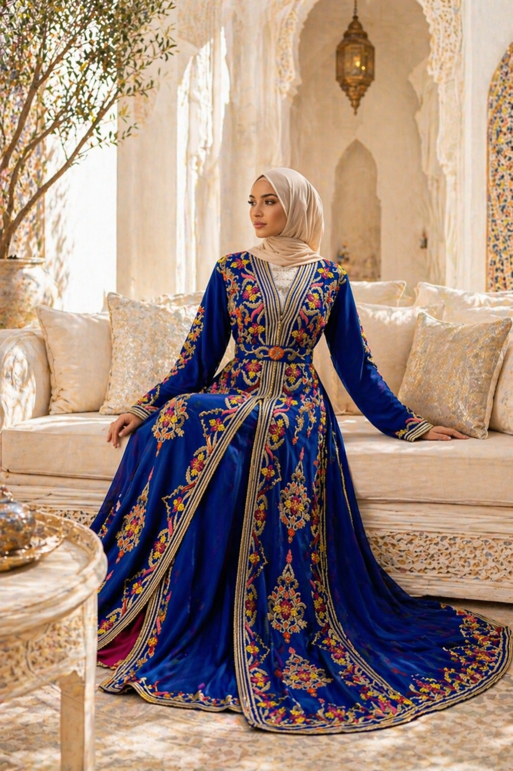 Luxury Royal Blue Moroccan Caftan with Embroidery Beading and Dramatic Train