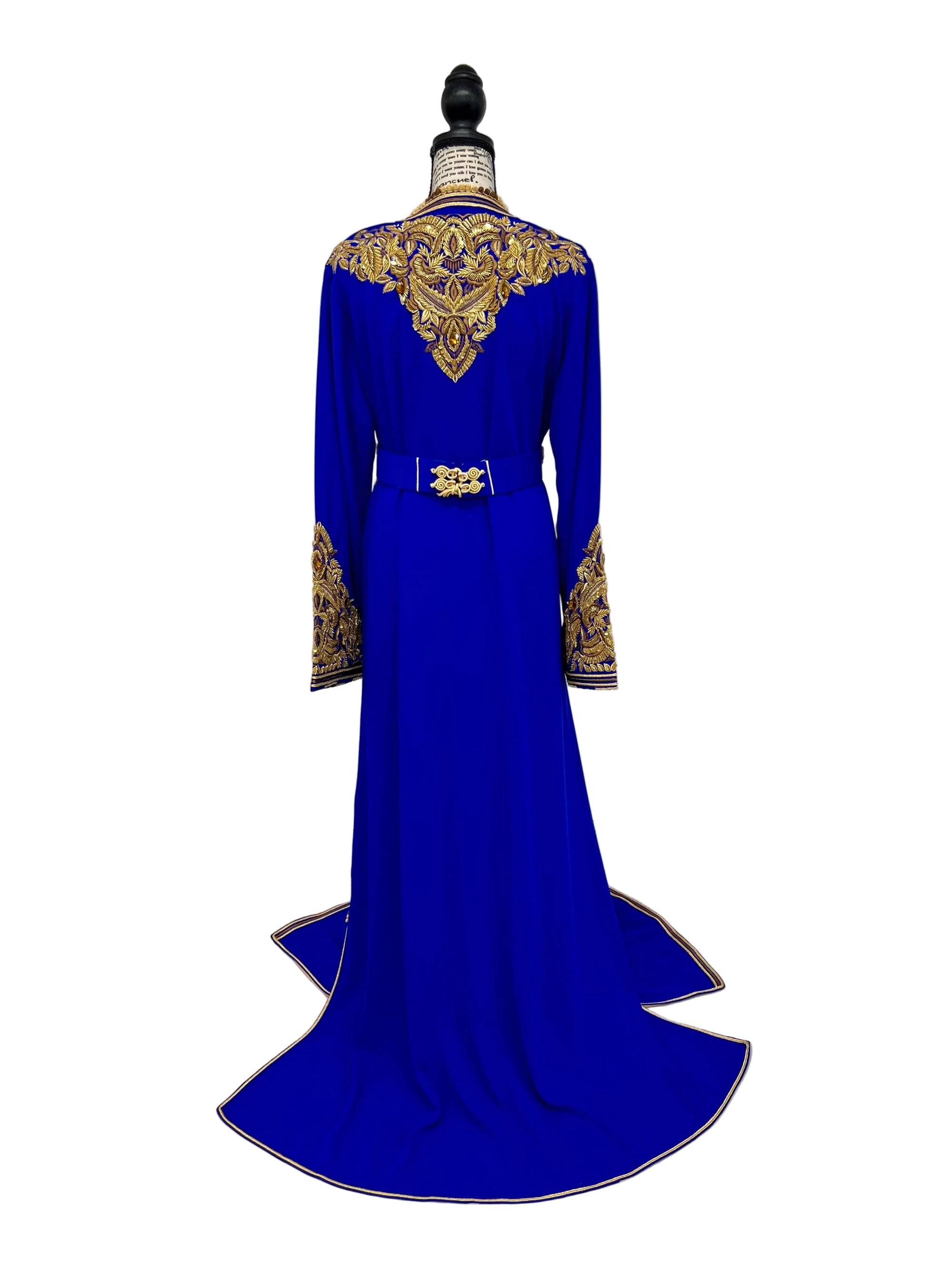 Moroccan Royal Blue Caftan with Gold and Bronze Embroidery, Satin Lined