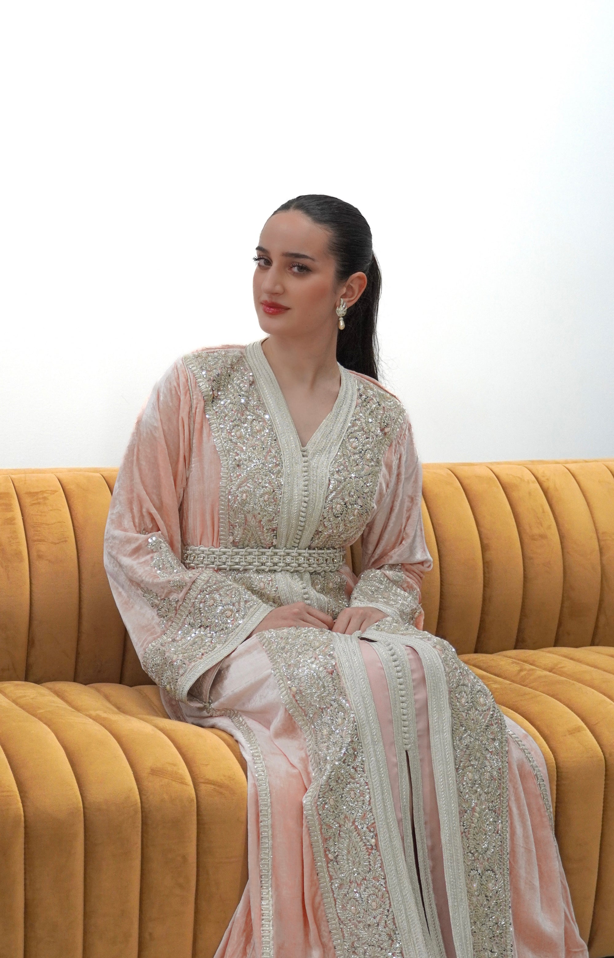 Blush Pink Silk Velvet Moroccan Caftan – Hand-Beaded Regal Elegance