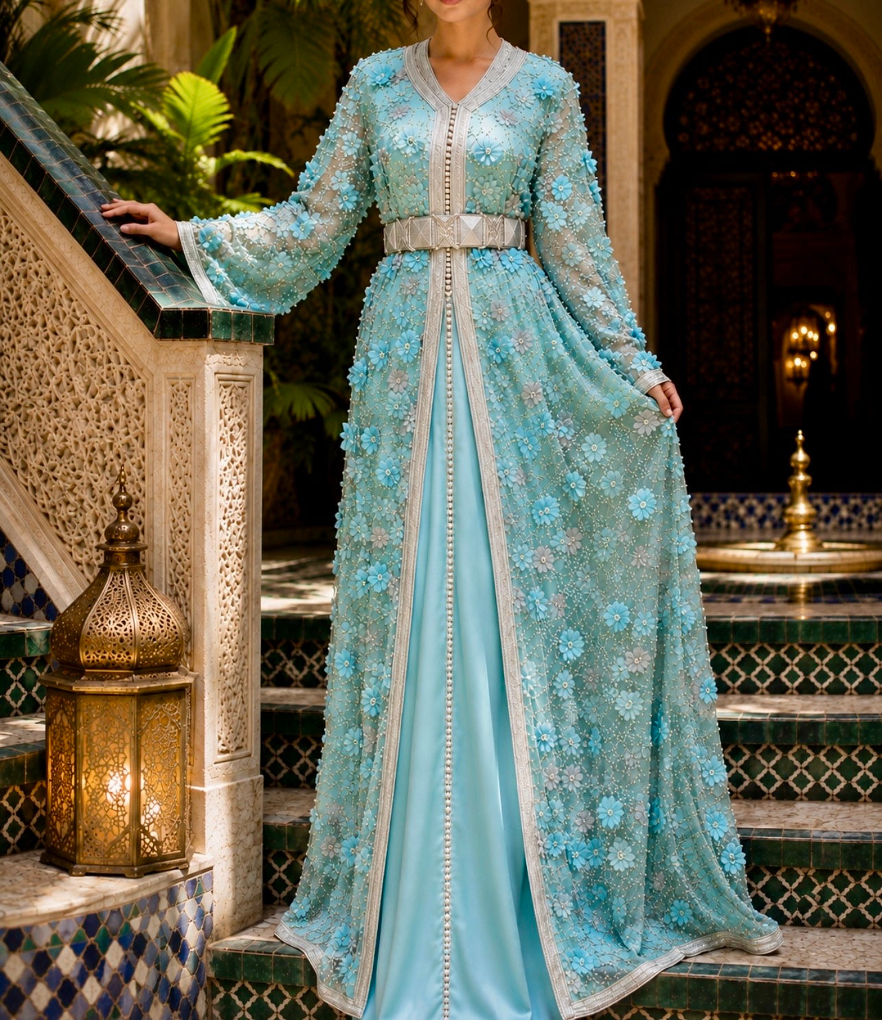 Luxury 3D Floral Moroccan Caftan | Hand-Beaded Two-Piece Tulle Takchita
