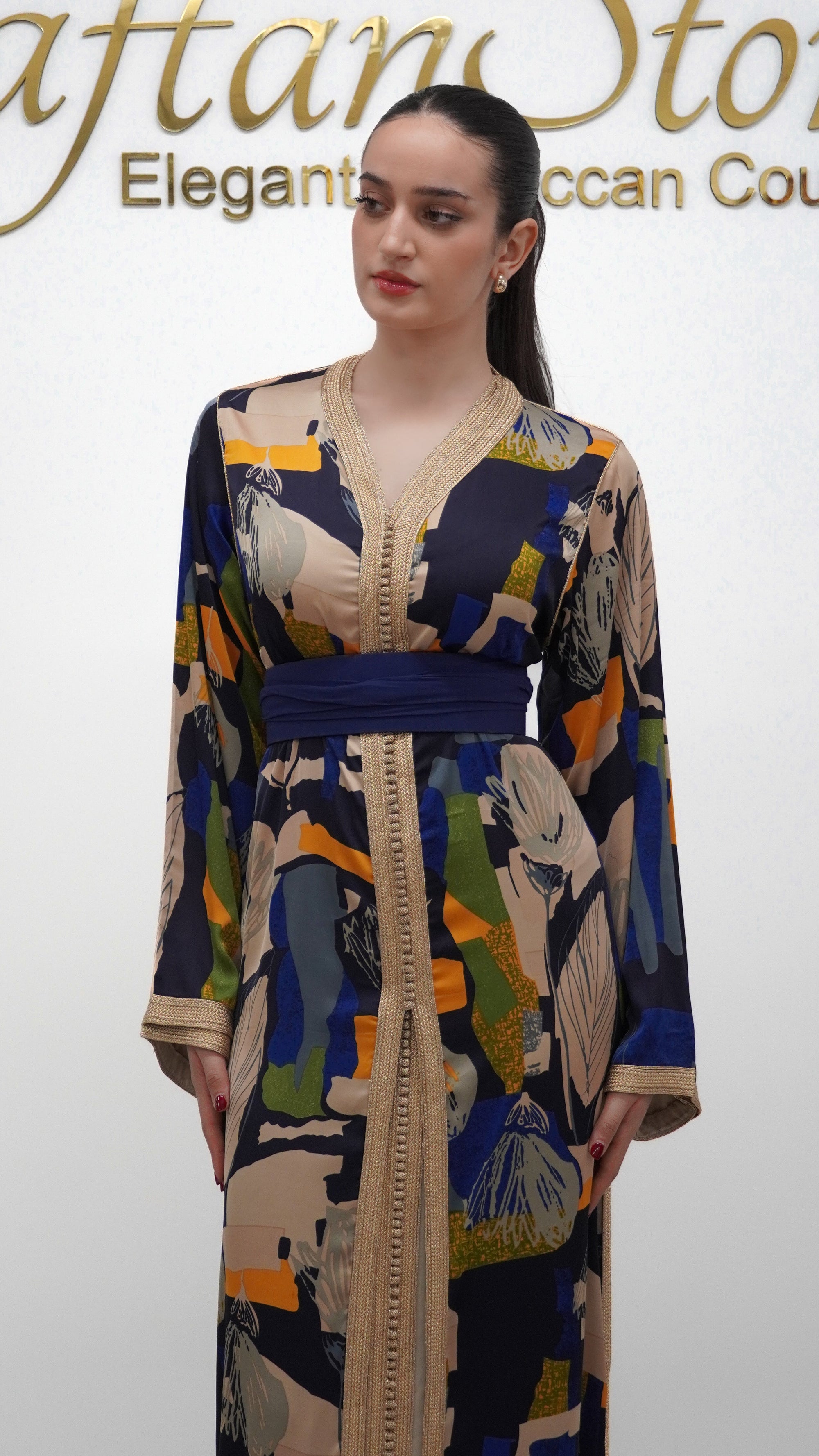 Abstract Art Satin Silk Two-Piece Caftan