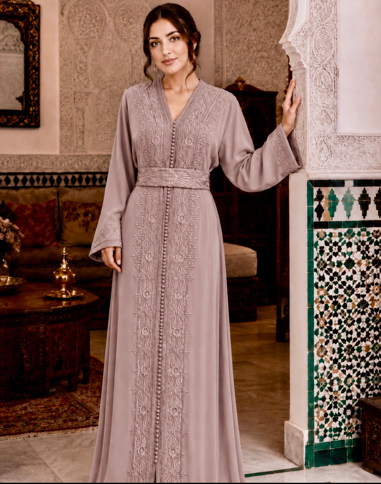 Dusty Mauve Beige Crepe Caftan with Tone-on-Tone Embroidery