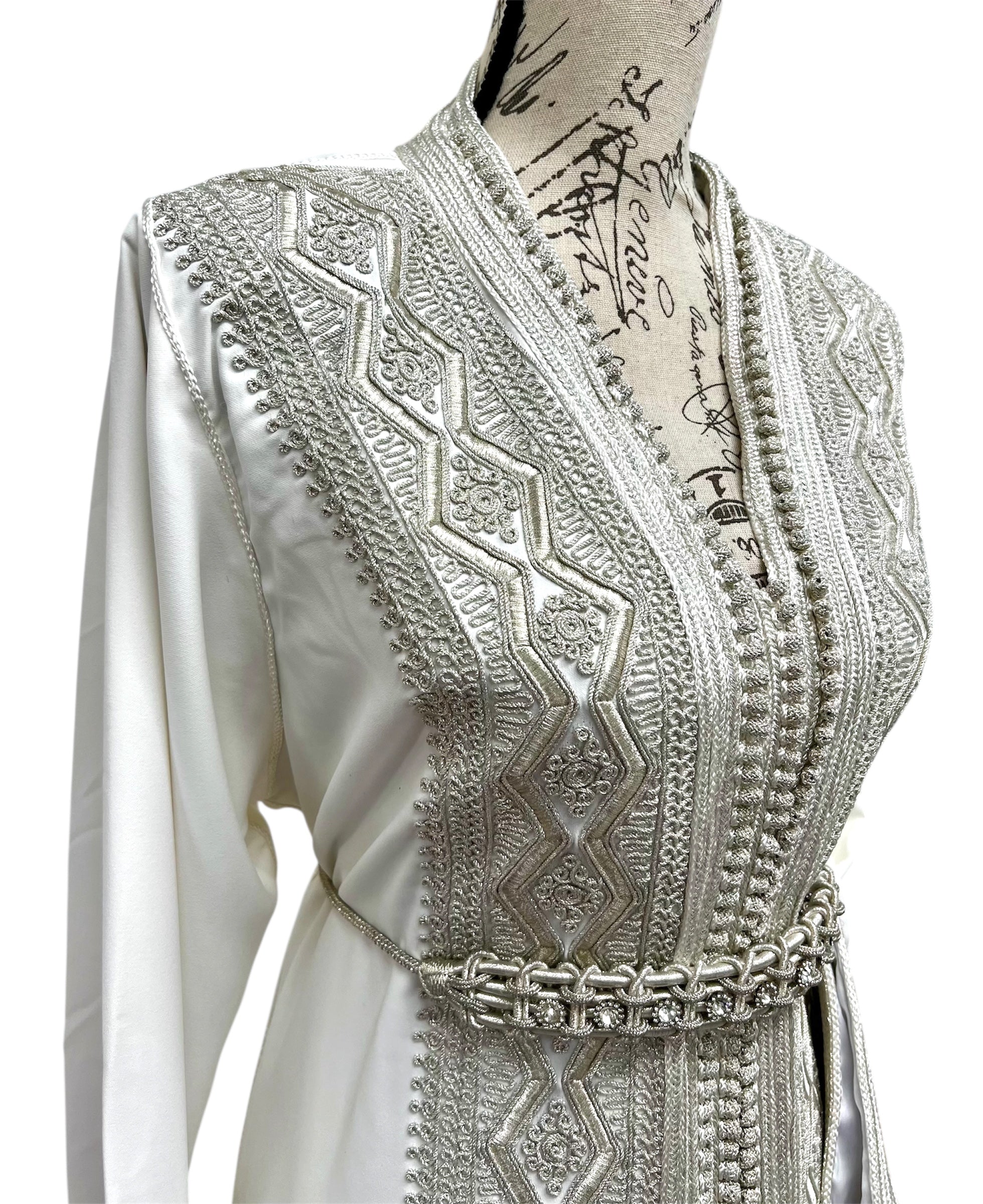 White Moroccan Bridal Caftan Two Piece Takchita With Silver white-moroccan-bridal-caftan-two-piece-takchita-with-silver