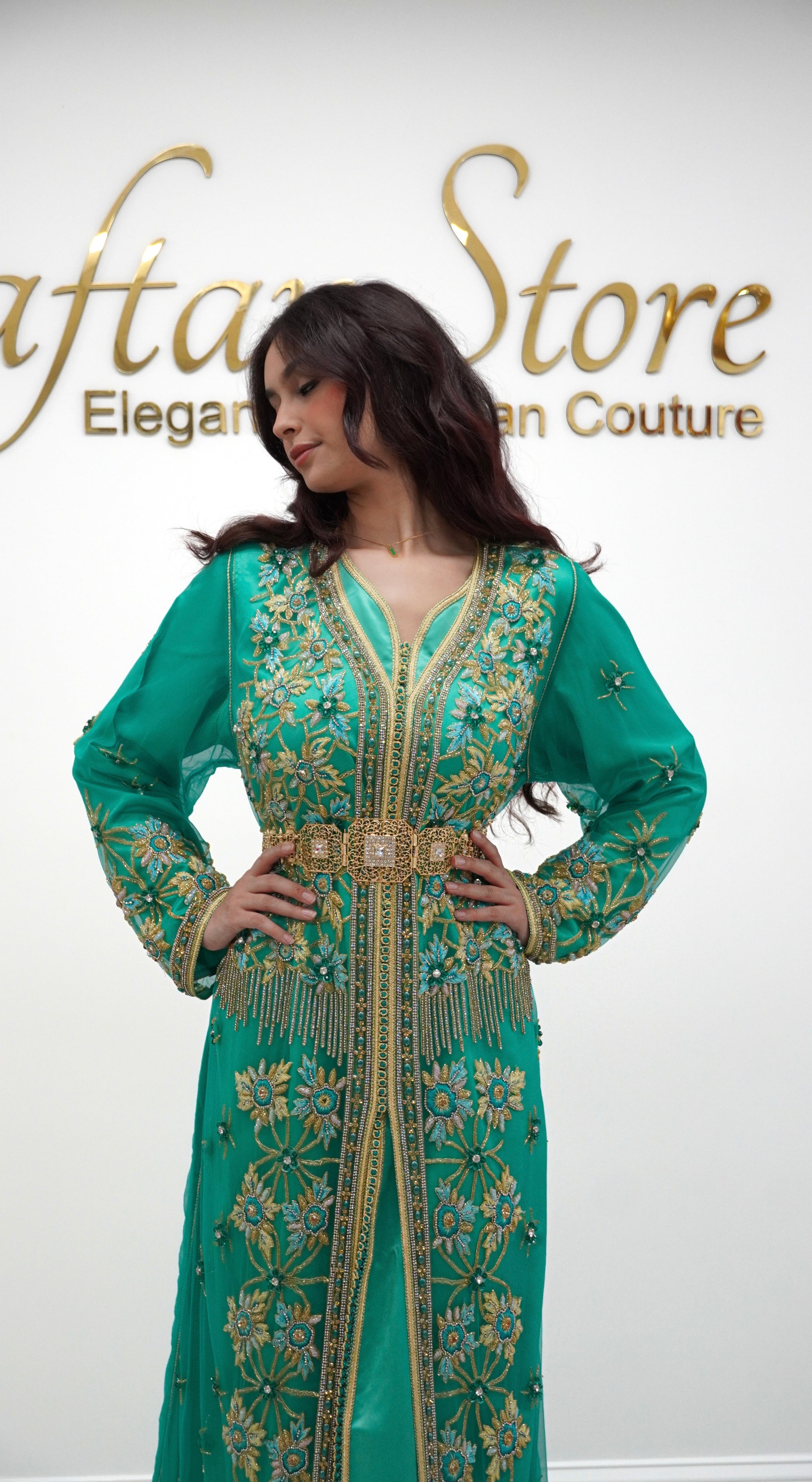 Emerald Green Moroccan Caftan – 2-Piece Embroidered Tulle Takchita