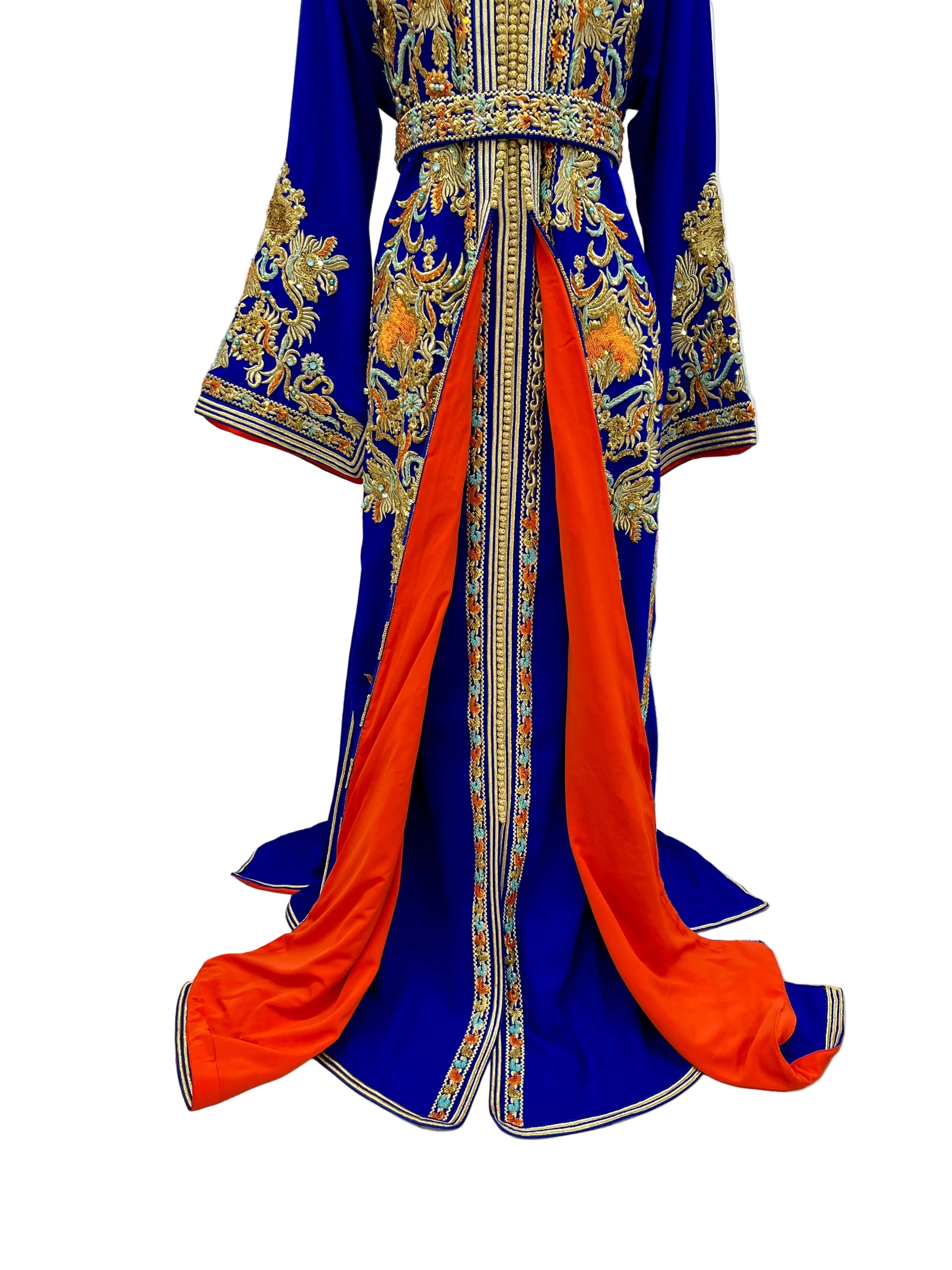 Luxuriöser Königlich Blauer Marokkanischer Kaftan mit Stickereien und Perlenstickereien