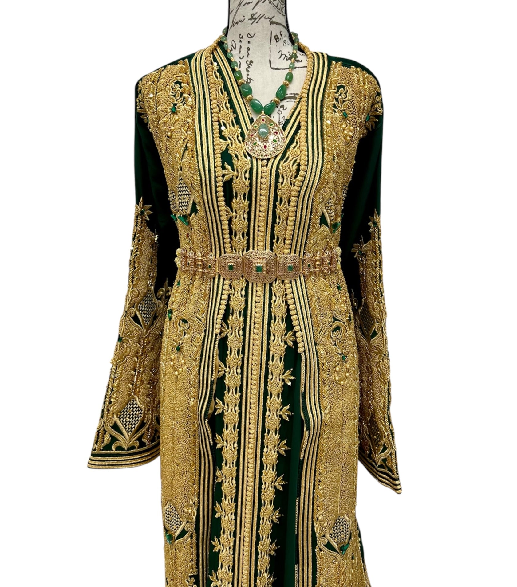 Luxury Emerald Green Moroccan Caftan, Designer Two Piece Bridal Takchita, Hand Beaded Gold & Emerald Stones