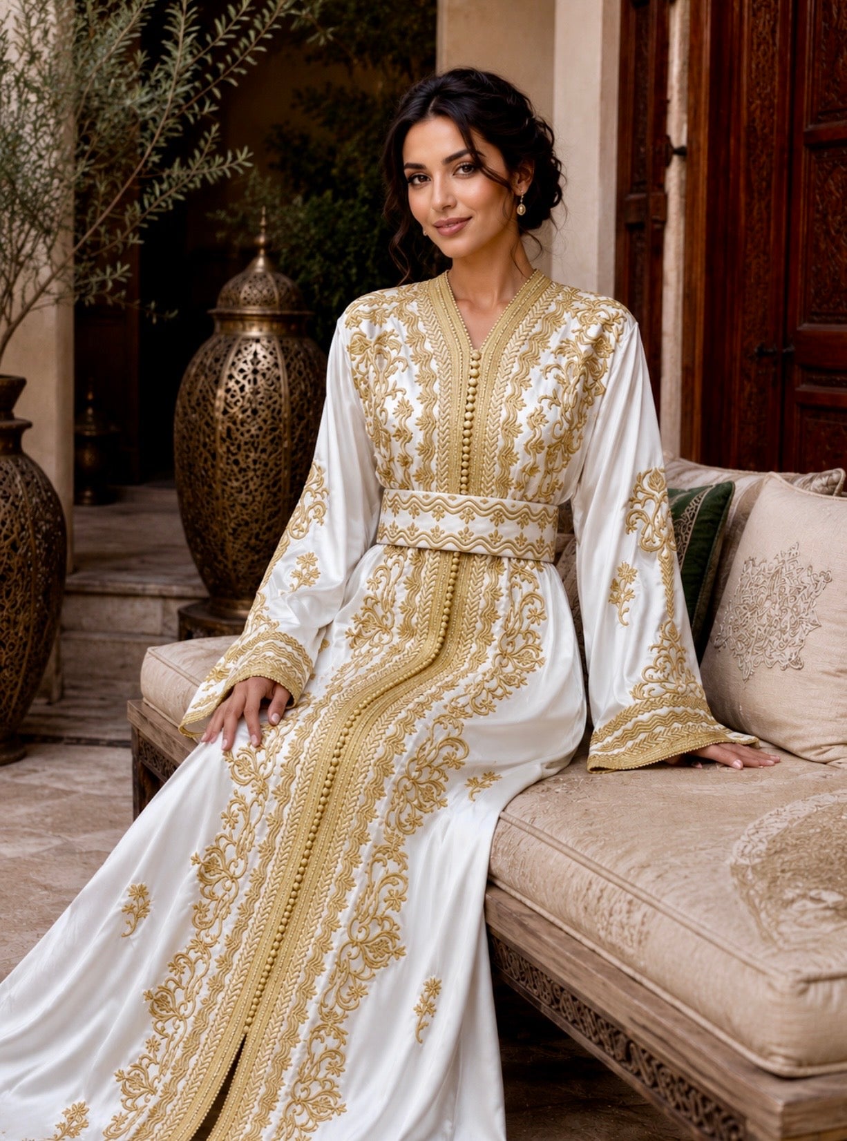Weißer Satin-Kaftan mit Goldstickerei & passendem Gürtel