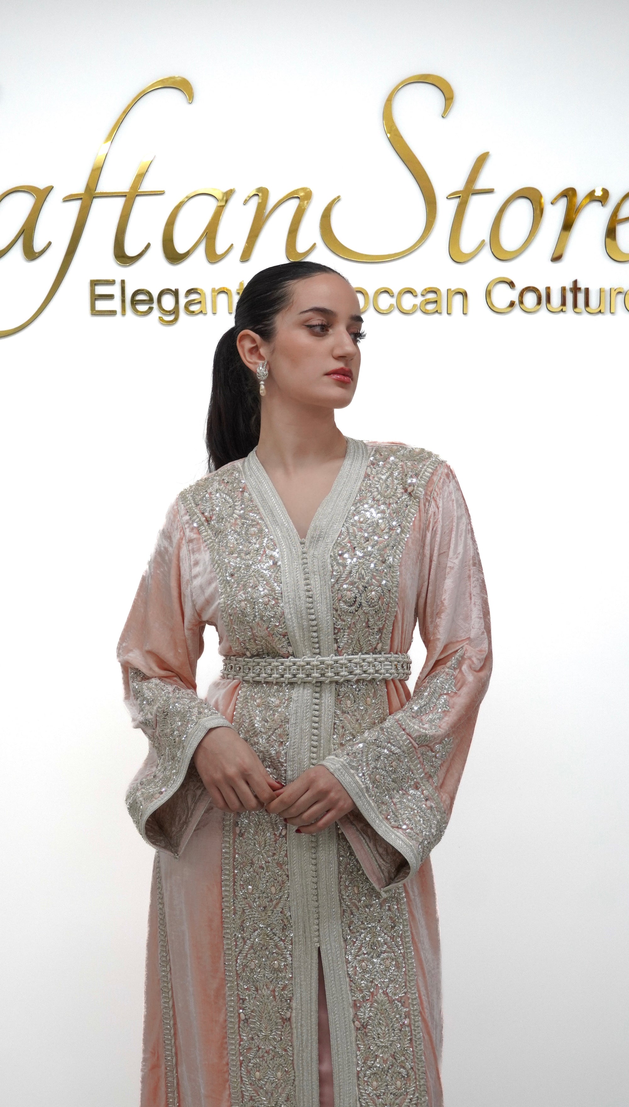 Blush Pink Silk Velvet Moroccan Caftan – Hand-Beaded Regal Elegance