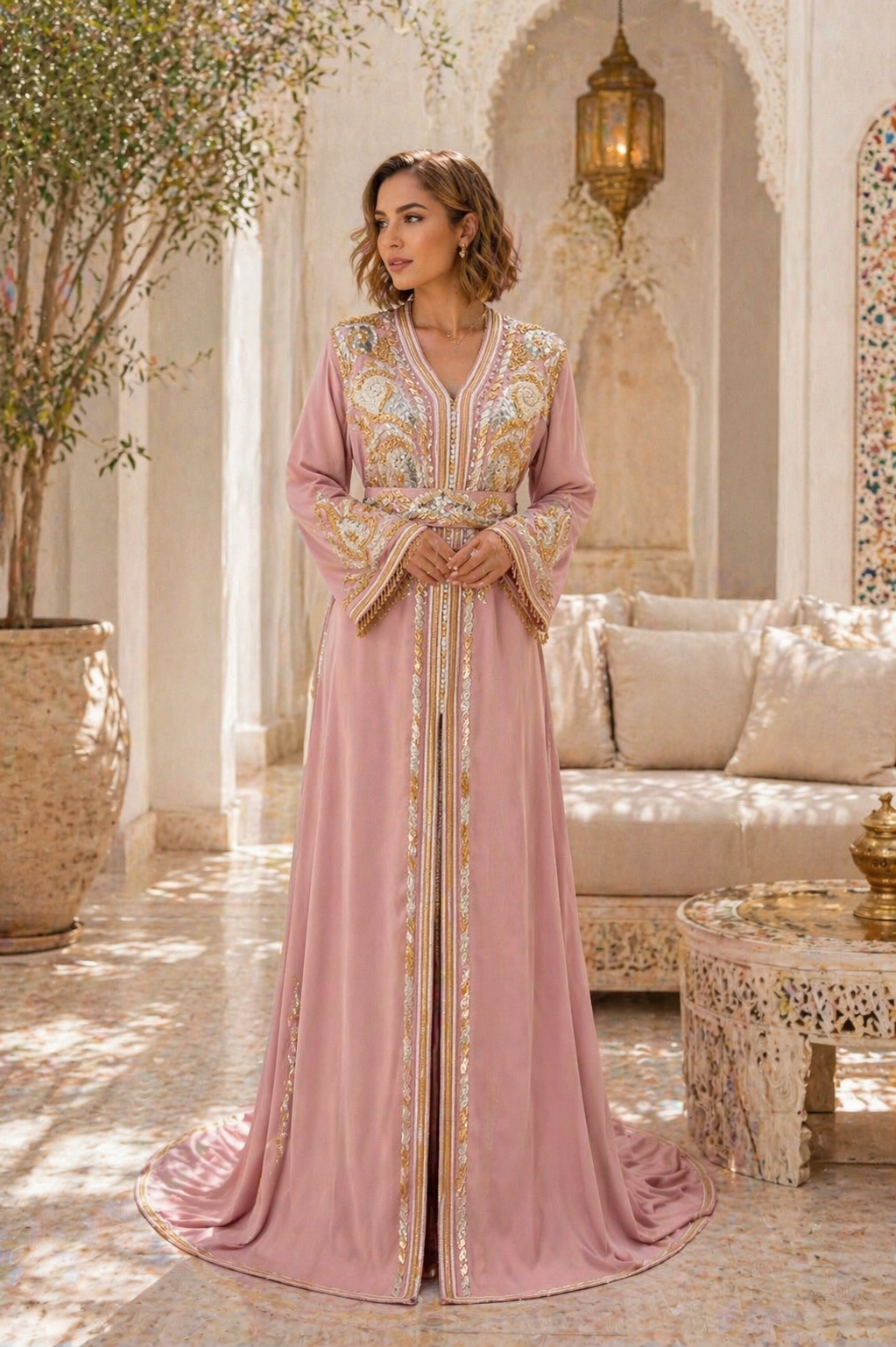 Blush Moroccan Caftan with Gold & Silver Embroidery and Beading