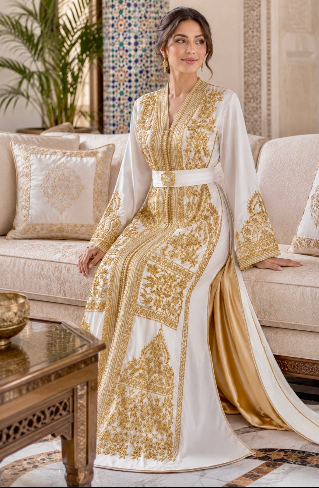 Bridal Caftan – White Gold Embroidered Two-piece Wedding Dress