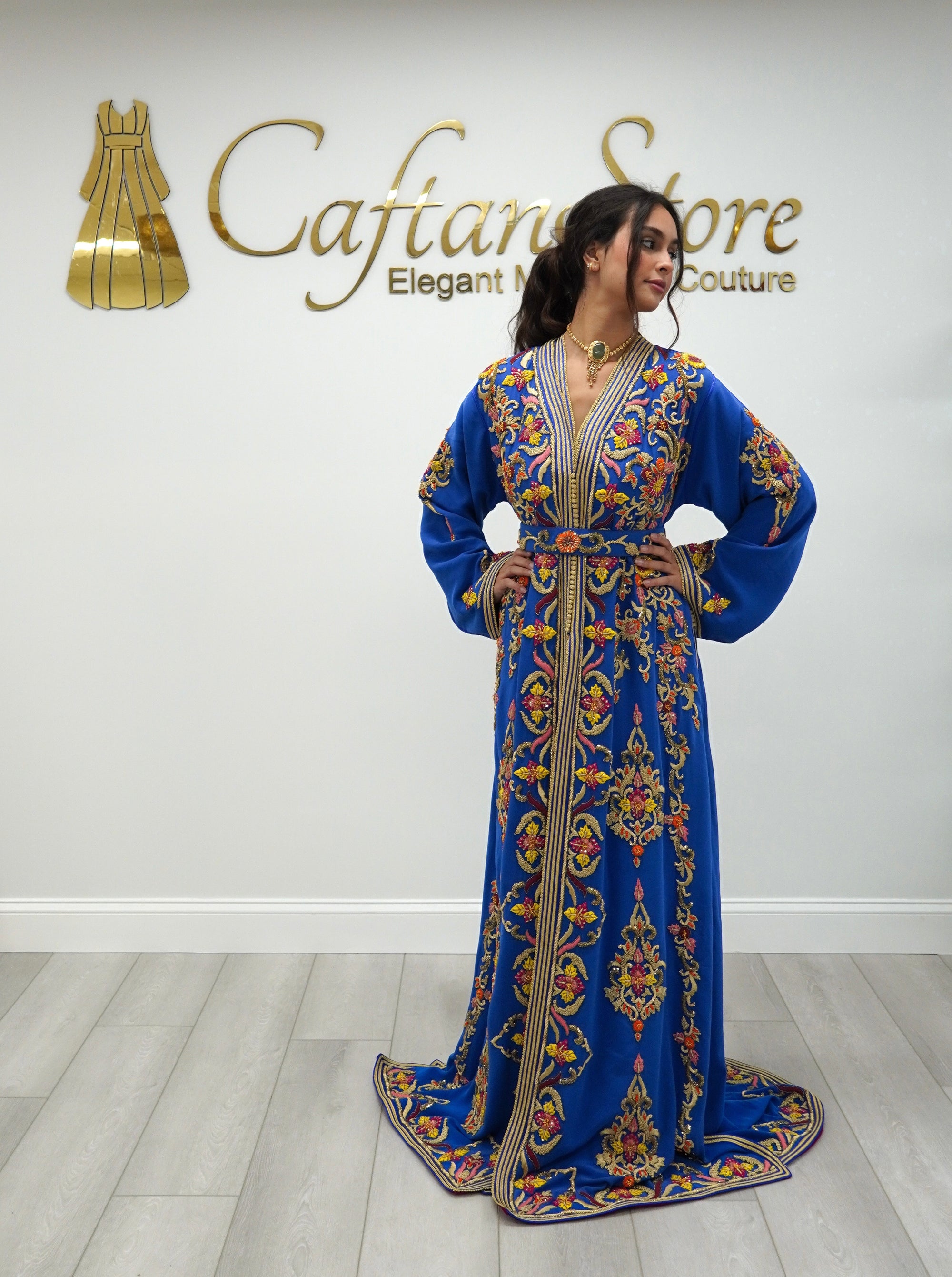 Moroccan Caftan – Cobalt Blue Two-Piece with Gold Embroidery Beaded Bridal Takchita