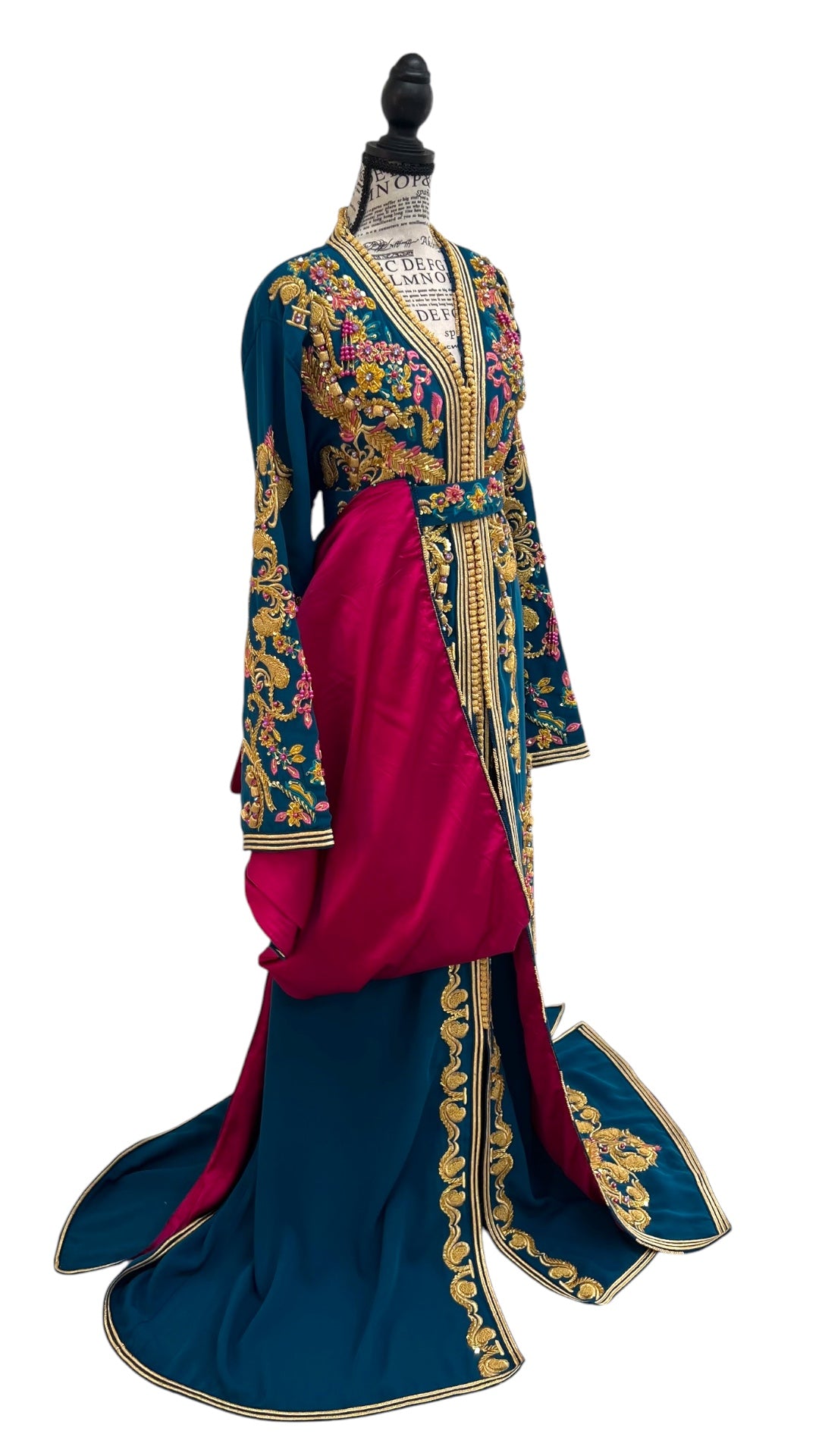 Teal & Magenta Moroccan Bridal Takchita with Hand-Beaded Gold Embroidery