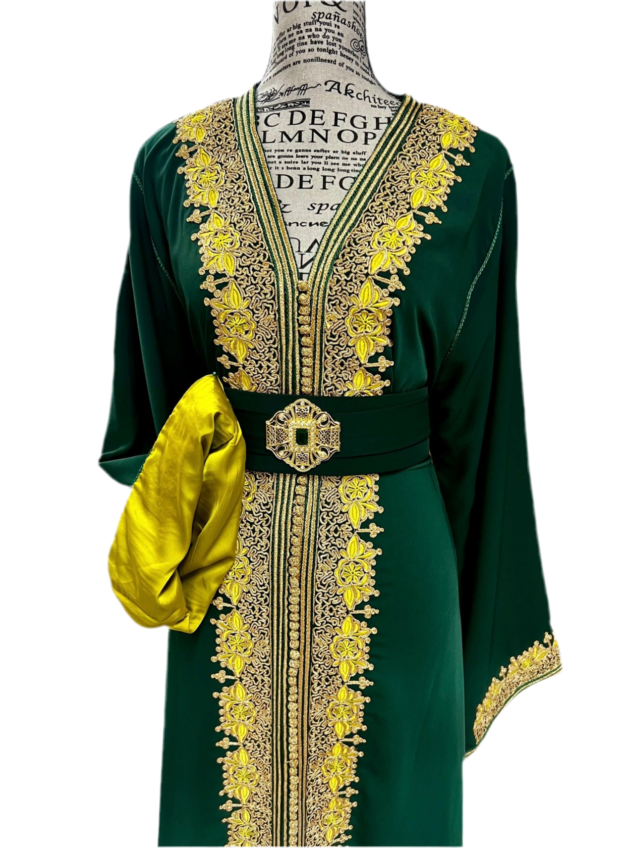 Royal Green Caftan with Gold Embroidery & Neon Satin Sleeves