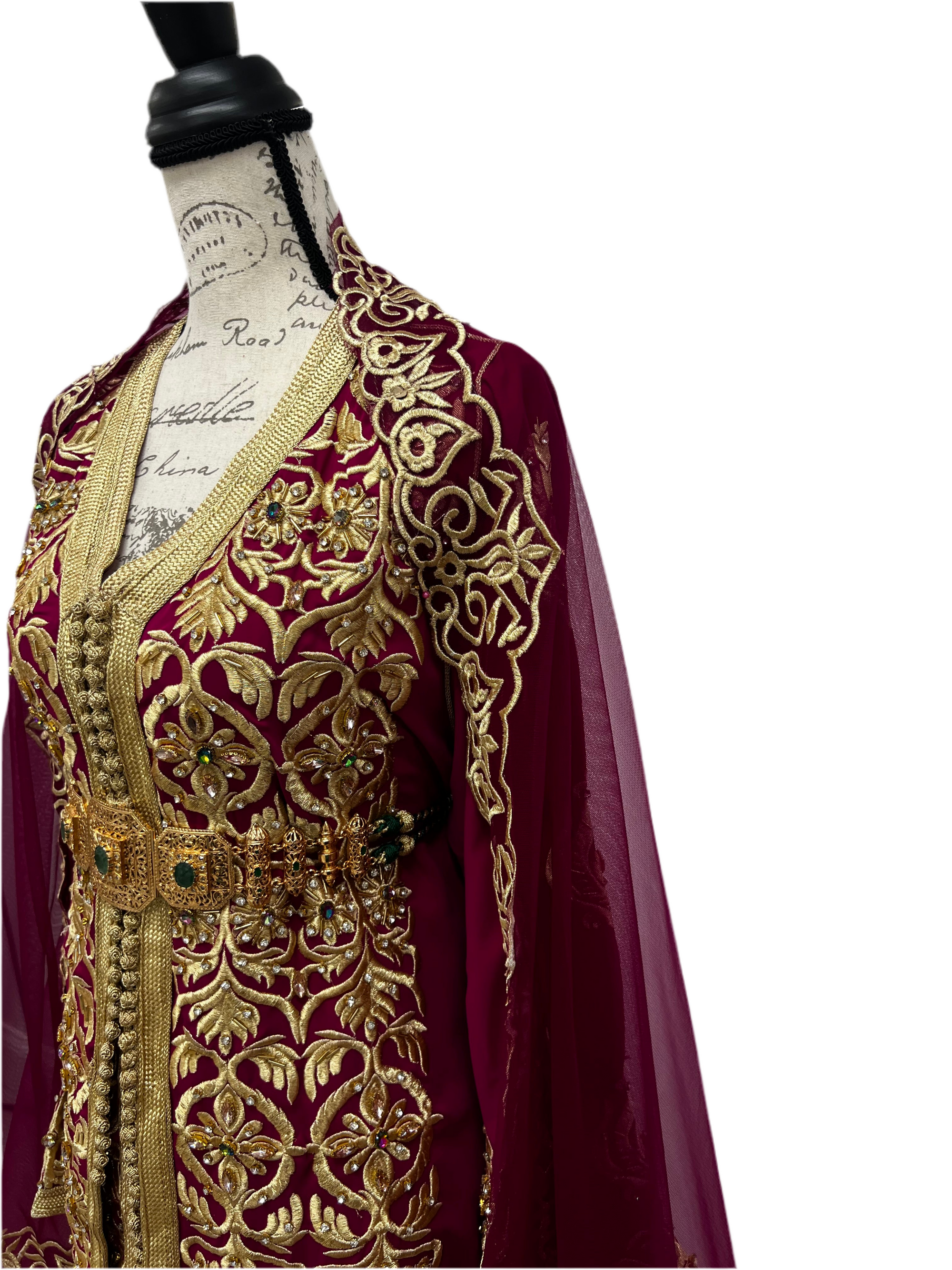 Two-Piece Fuchsia Caftan with Gold Embroidery