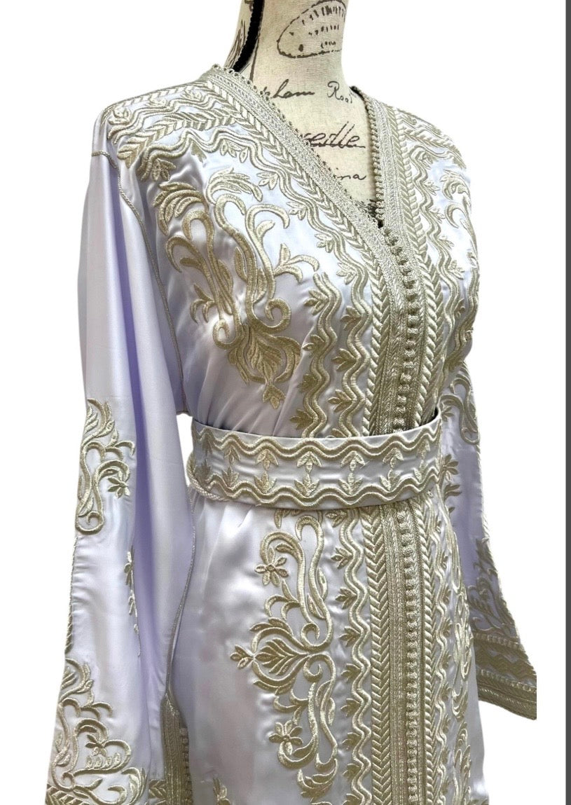 White Satin Moroccan Caftan with Silver Embroidery | Elegant Belted Kaftan