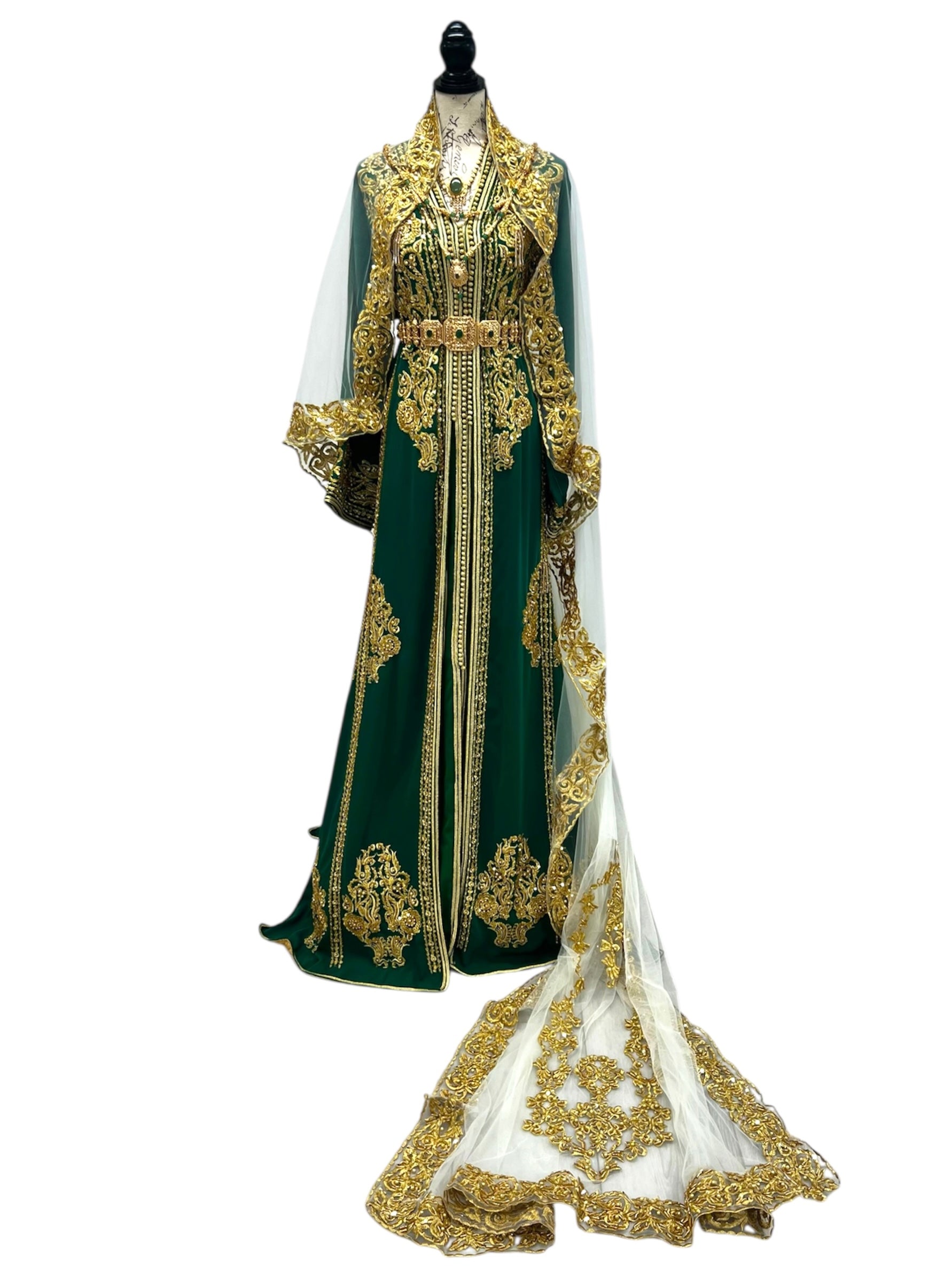 Royal Green & Gold Embroidered 2-Piece Moroccan Caftan with Optional Veil & Accessories