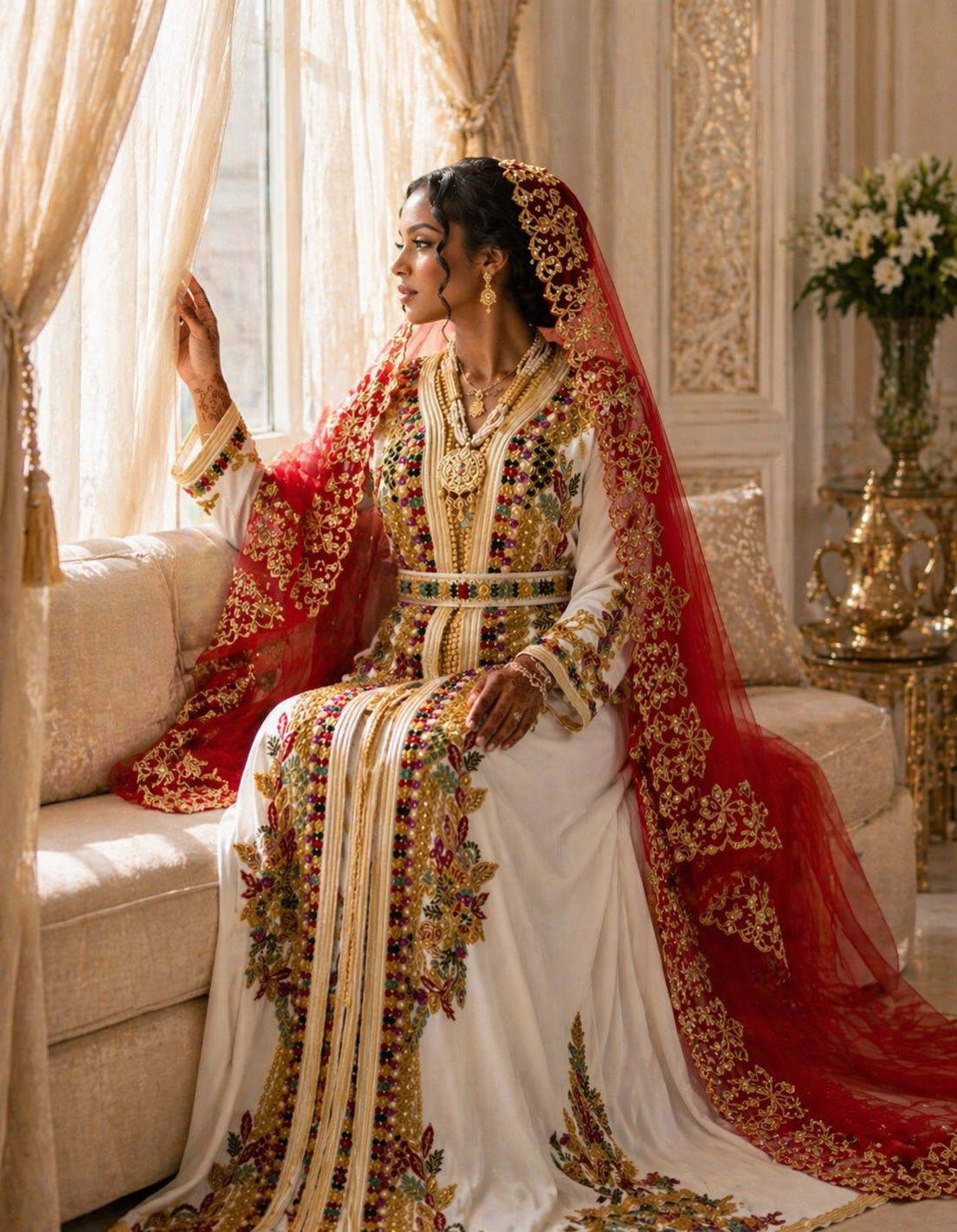 Ivory Moroccan Caftan with Gold Embroidery and Beading