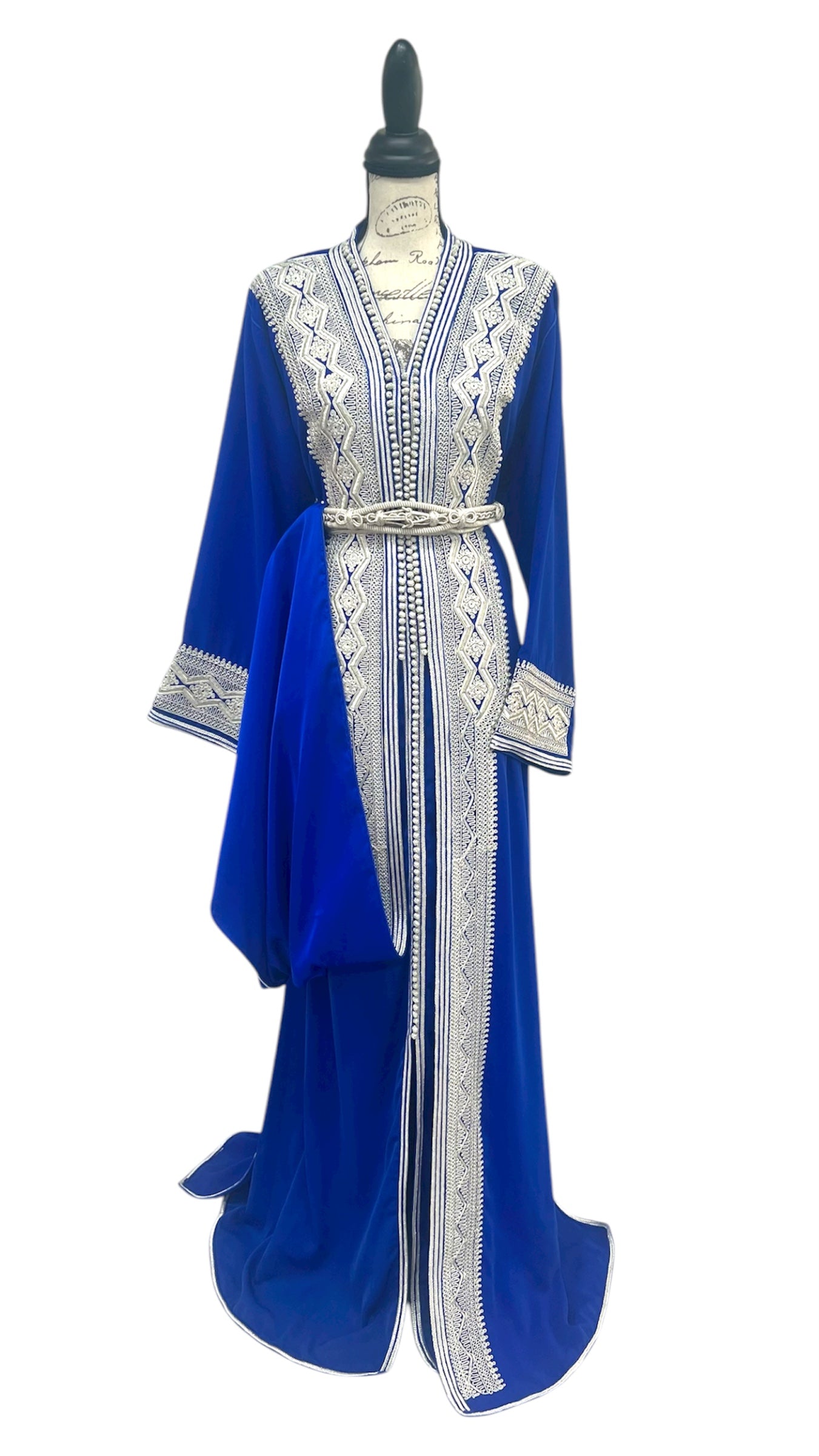 Royal Blue Two Piece Caftan with Silver Embroidery