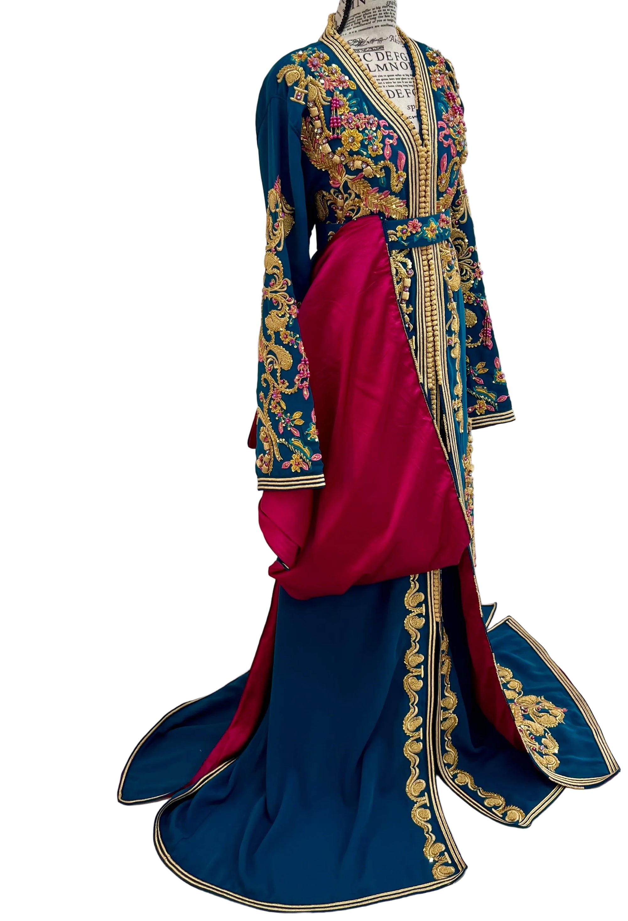 Teal & Magenta Moroccan Bridal Takchita with Hand-Beaded Gold Embroidery