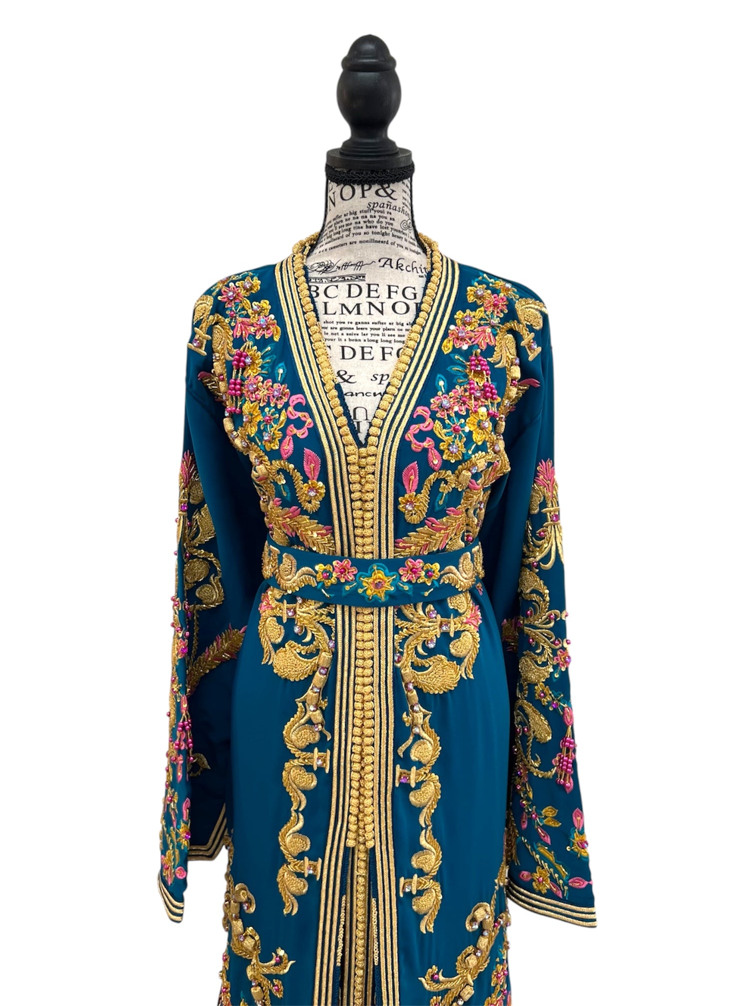 Teal & Magenta Moroccan Bridal Takchita with Hand-Beaded Gold Embroidery