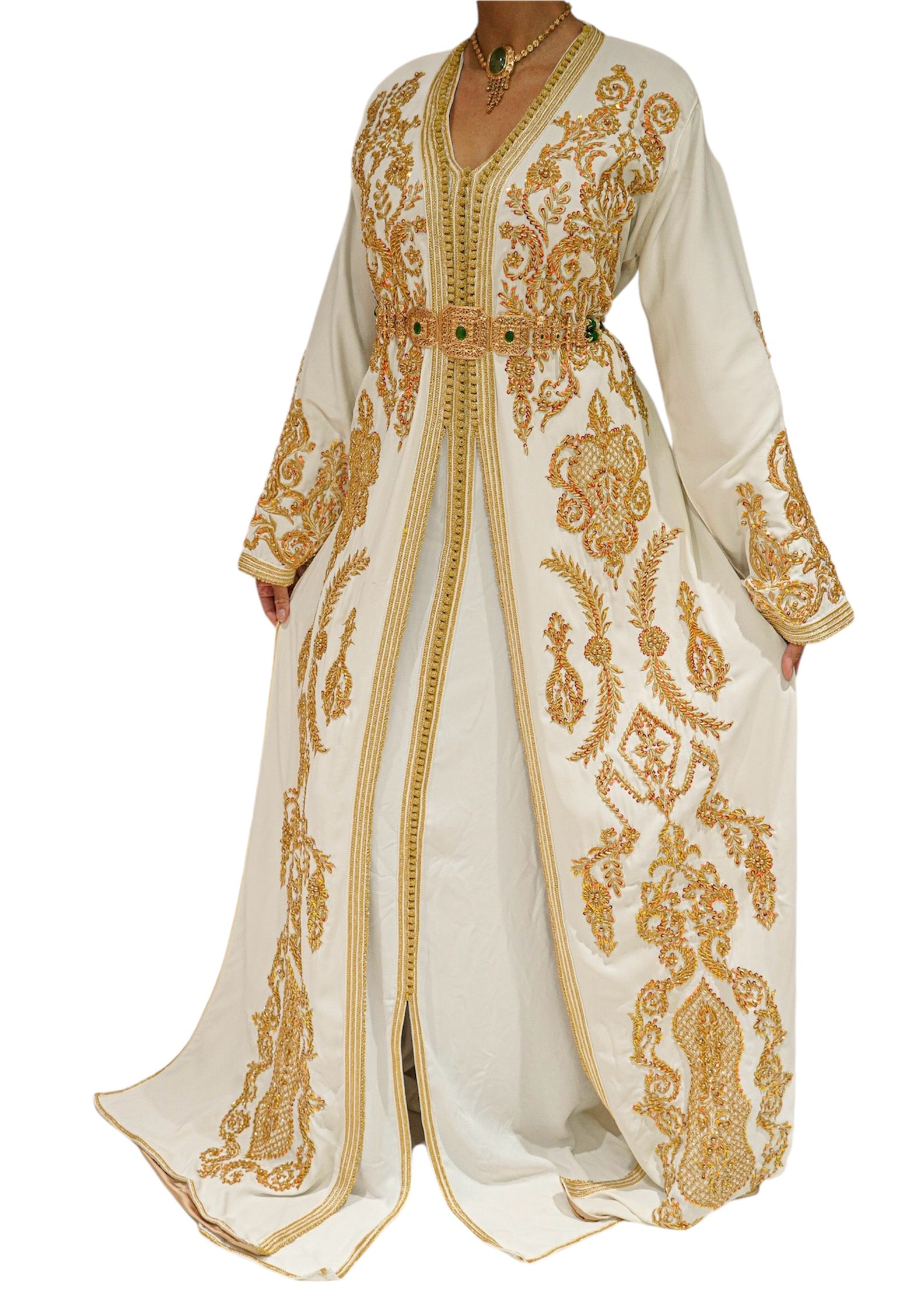 Amanda’s Gold Embroidered Cinched Waist Bridal Caftan with Satin Lining