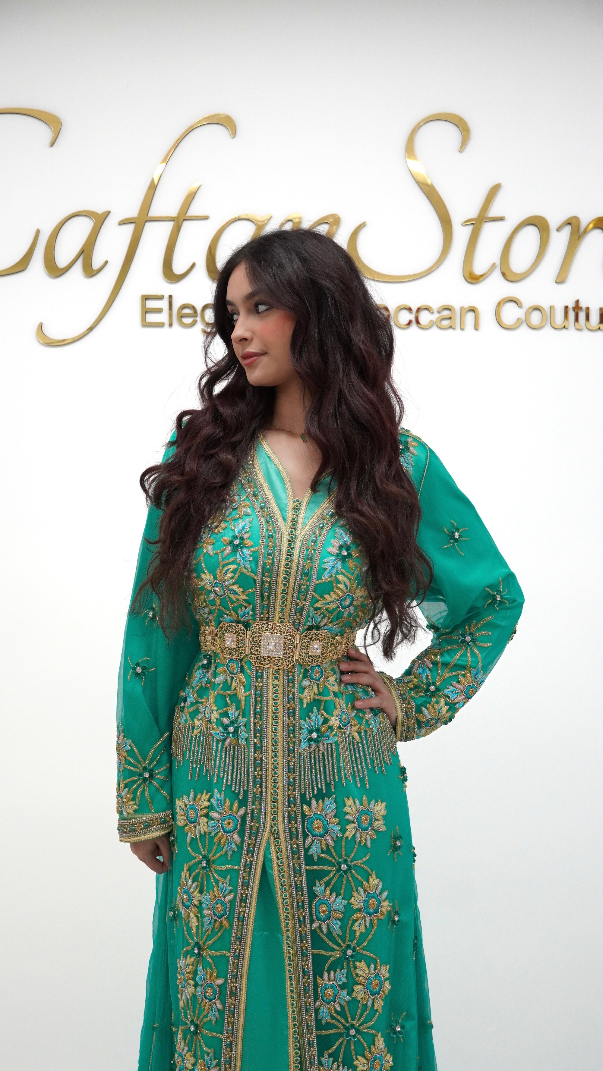 Emerald Green Moroccan Caftan – 2-Piece Embroidered Tulle Takchita