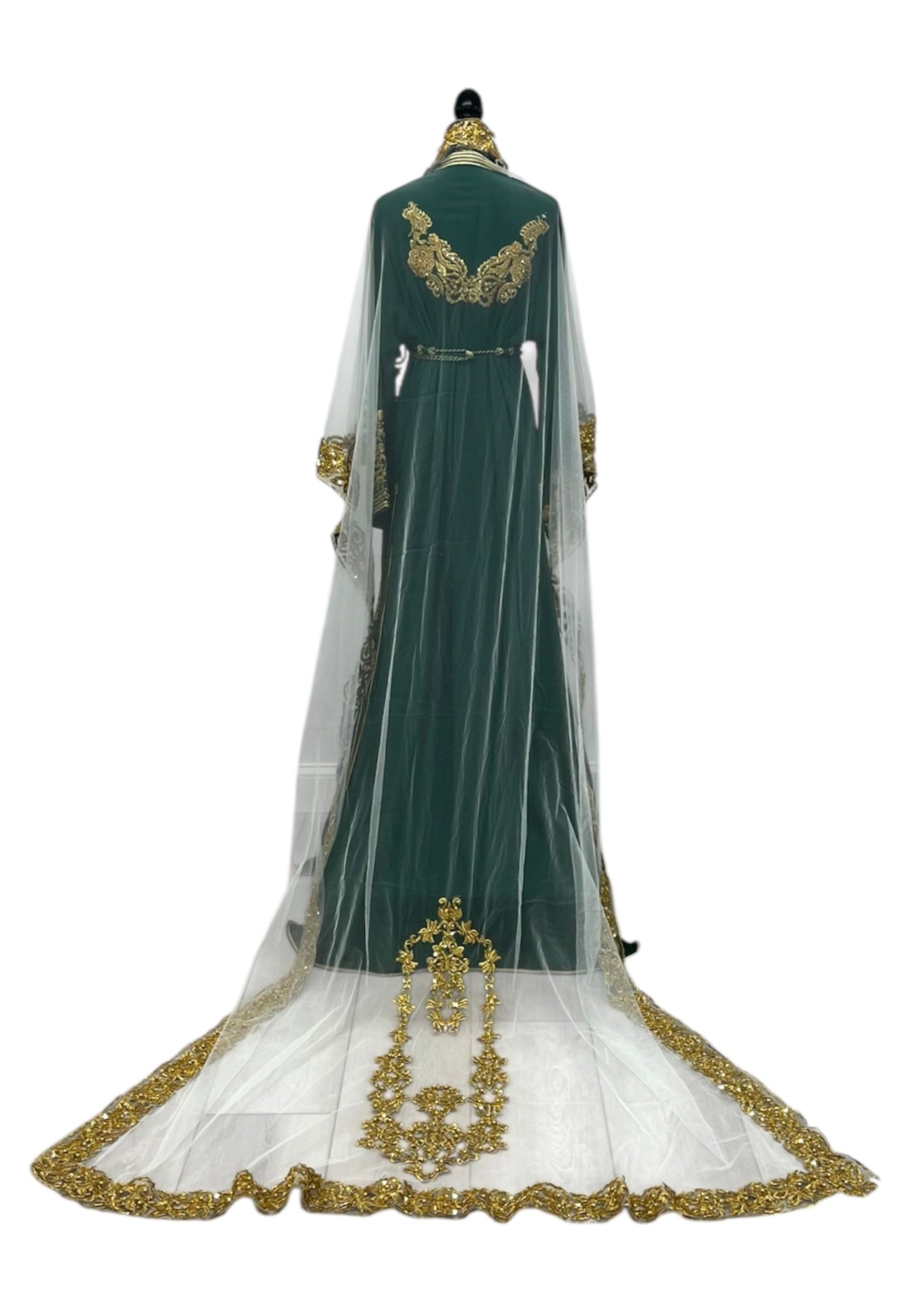 Royal Green & Gold Embroidered 2-Piece Moroccan Caftan with Optional Veil & Accessories