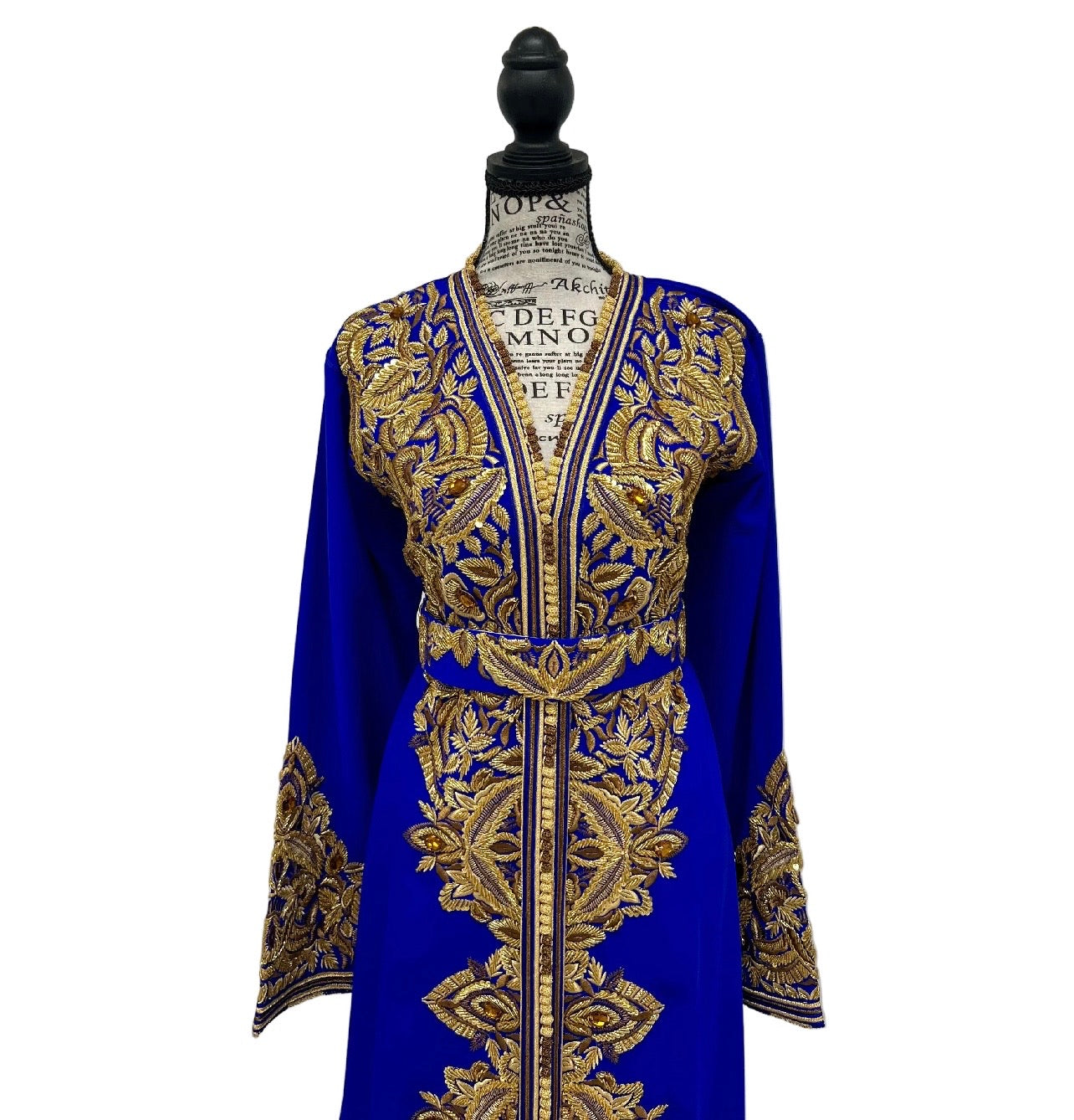 Moroccan Royal Blue Caftan with Gold and Bronze Embroidery, Satin Lined