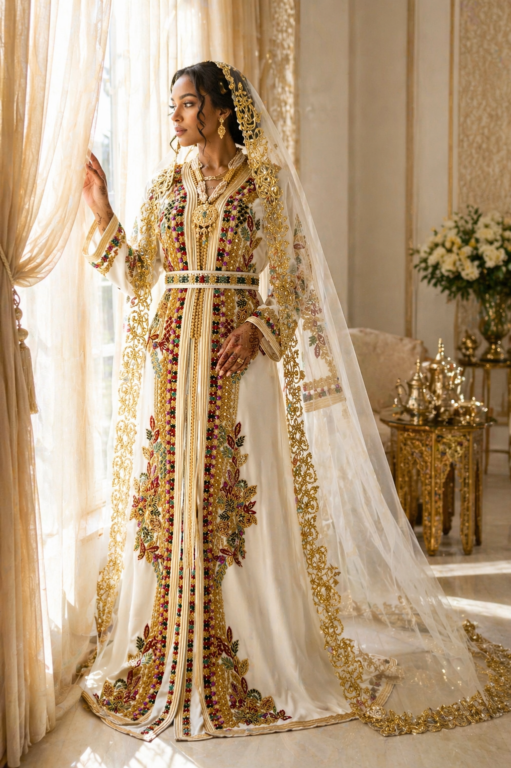 Ivory Moroccan Caftan with Gold Embroidery and Beading