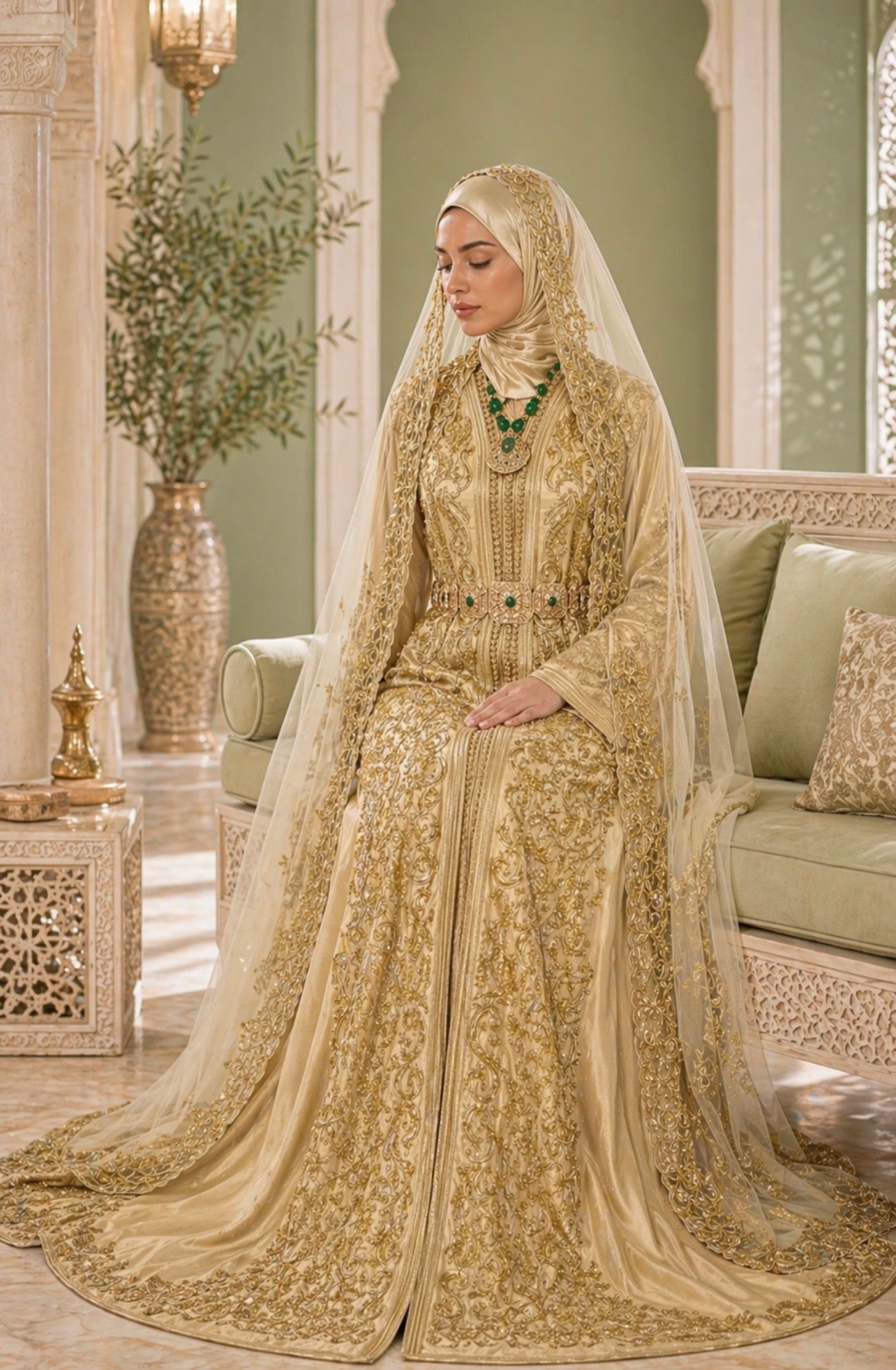 Luxury Gold Bridal Takchita with Beaded Embroidery & Veil with Train Moroccan Caftan