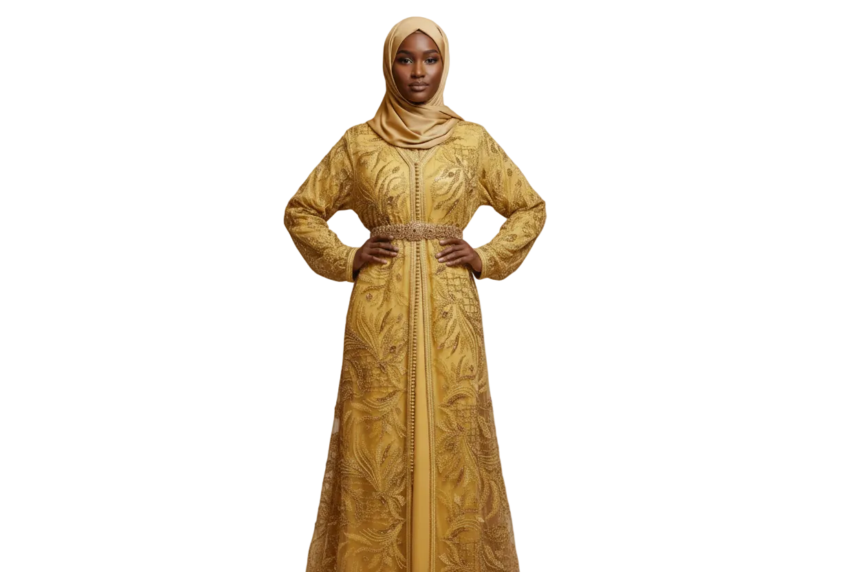 Woman wearing an ornate gold dress with a matching hijab on 
 
