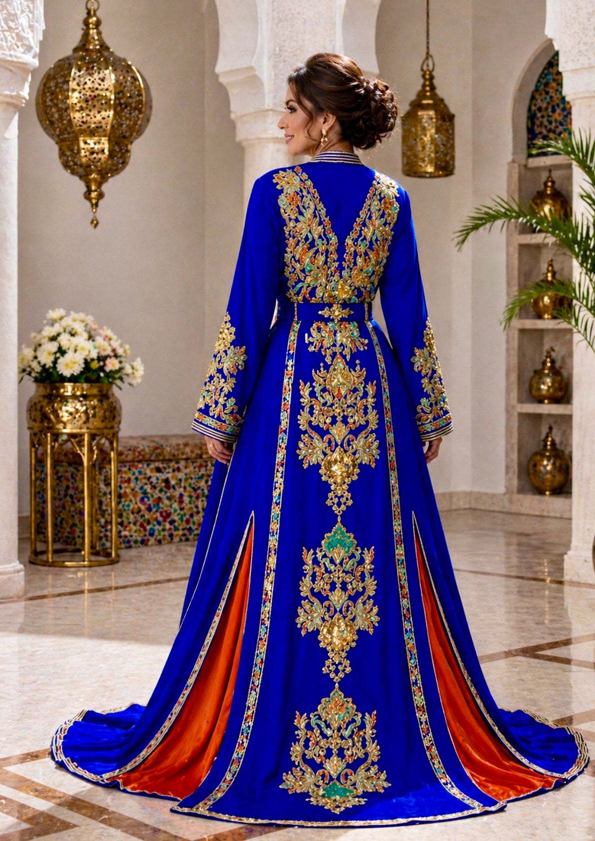 Luxuriöser Königlich Blauer Marokkanischer Kaftan mit Stickereien und Perlenstickereien