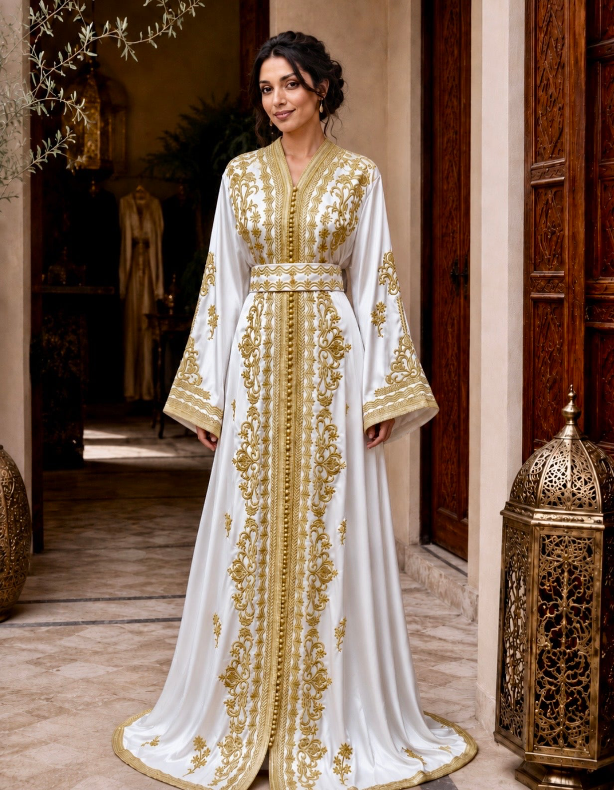 Moroccan Caftan White Satin Wedding Dress Gold Embroidery Design Traditional Sfifa Trim Handcrafted Aqad Closures Matching Belt Flowing Sleeves Perfect Bridal Outfit Eid Celebration Wear Formal Occasion Dress Elegant Muslim Wedding Attire
