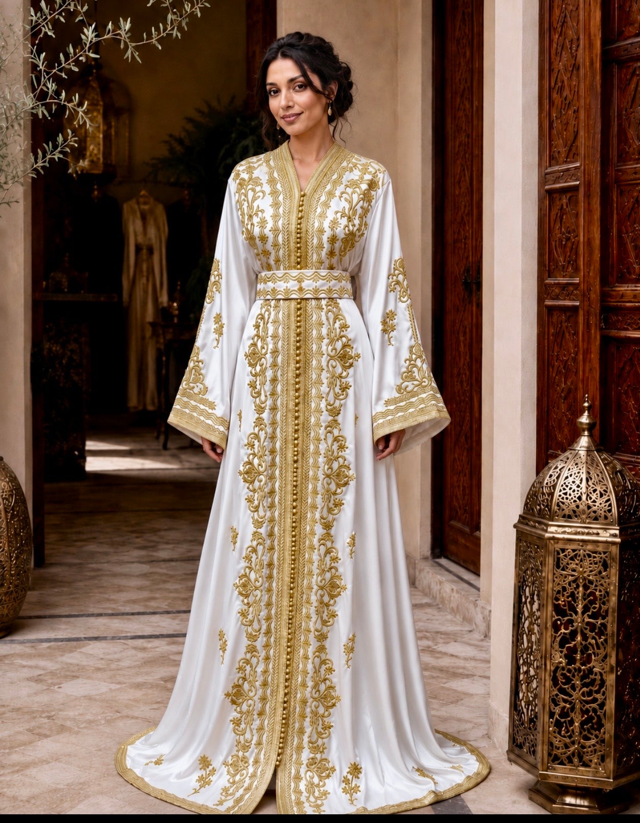 Weißer Satin-Kaftan mit Goldstickerei & passendem Gürtel