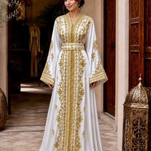 Moroccan Caftan White Satin Wedding Dress Gold Embroidery Design Traditional Sfifa Trim Handcrafted Aqad Closures Matching Belt Flowing Sleeves Perfect Bridal Outfit Eid Celebration Wear Formal Occasion Dress Elegant Muslim Wedding Attire