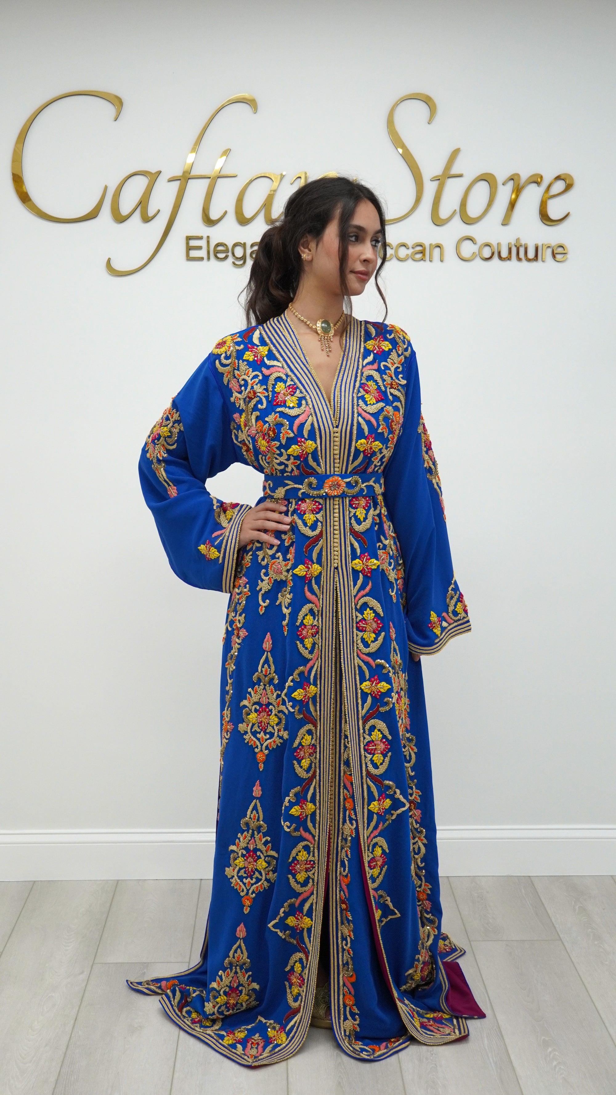 Moroccan Caftan – Cobalt Blue Two-Piece with Gold Embroidery Beaded Bridal Takchita