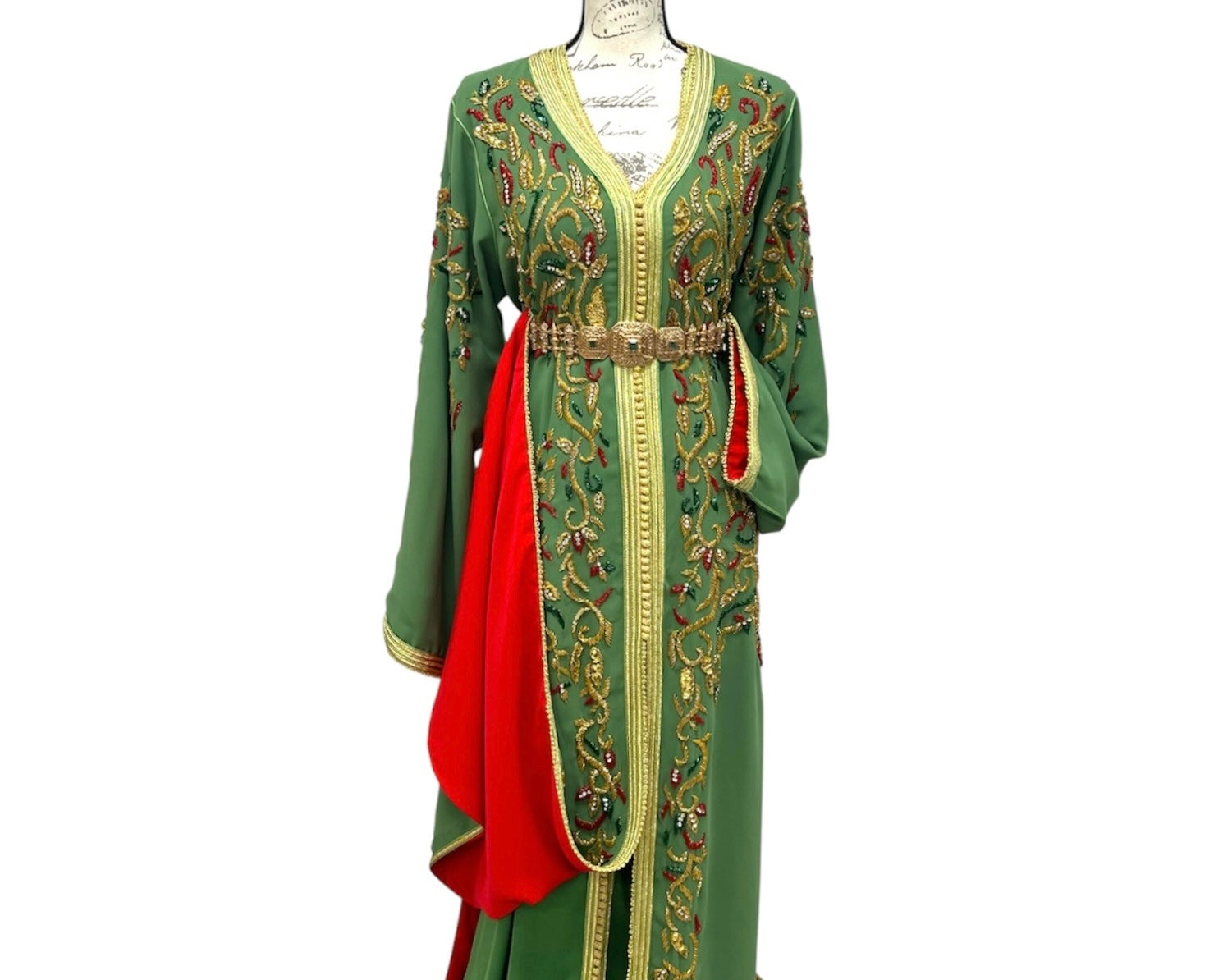 Sage Green Moroccan Caftan – Hand Beaded Embroidered Formal Dress