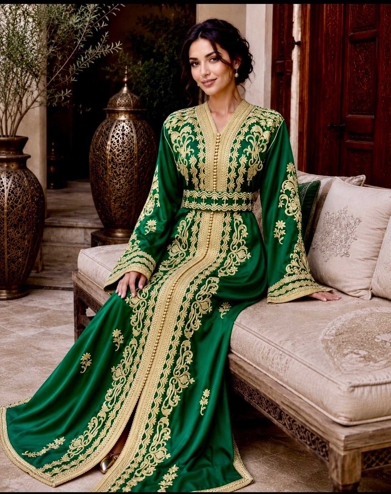 Königsgrüner Satin-Kaftan mit Goldstickerei & passendem Gürtel
