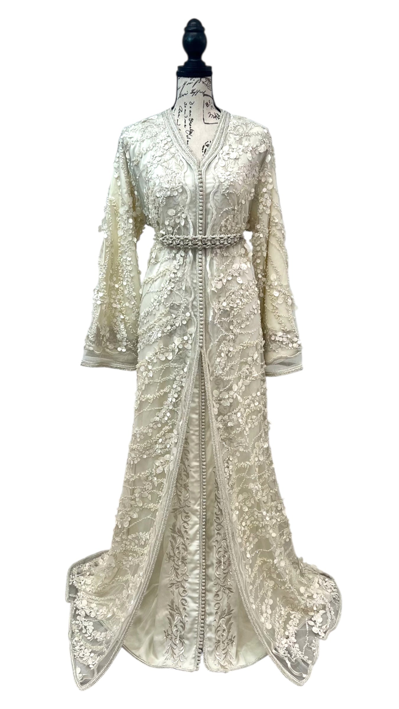 Designer Two-Piece Caftan – Embroidered Tulle & Draped Silk