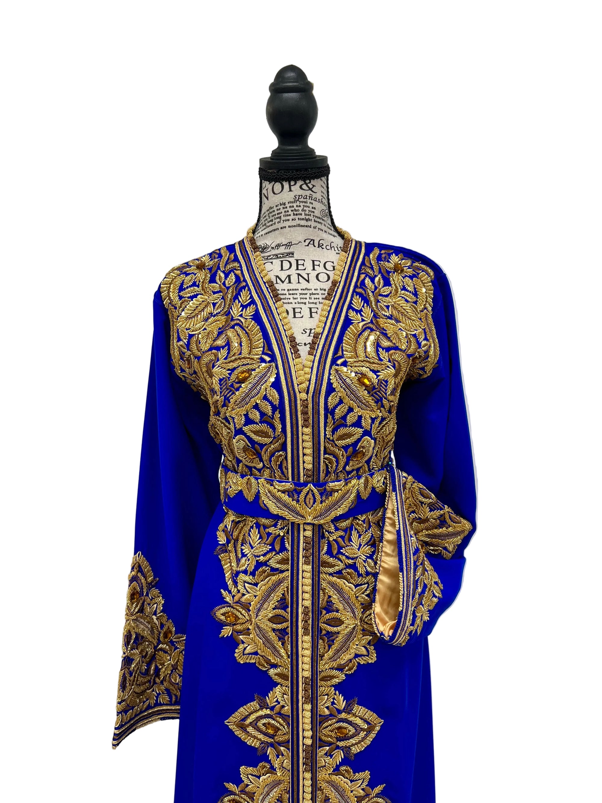 Moroccan Royal Blue Caftan with Gold and Bronze Embroidery, Satin Lined