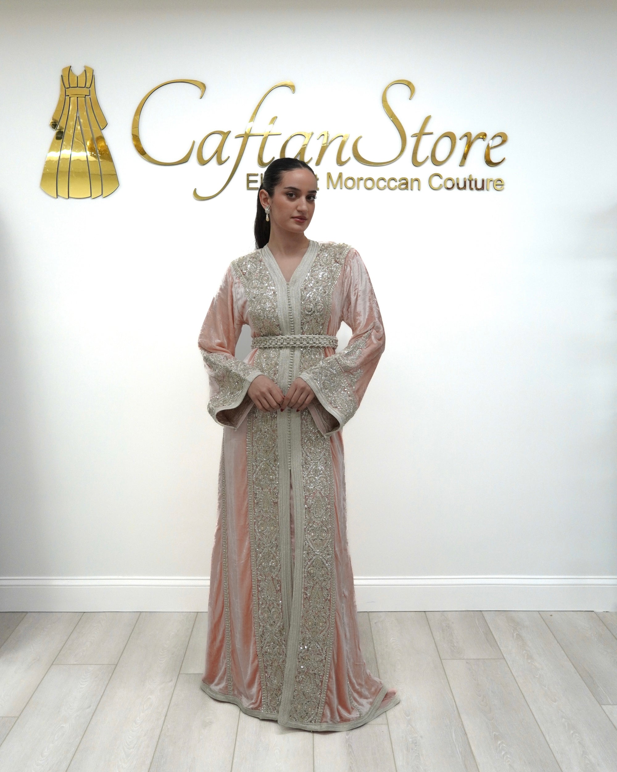 Blush Pink Silk Velvet Moroccan Caftan – Hand-Beaded Regal Elegance