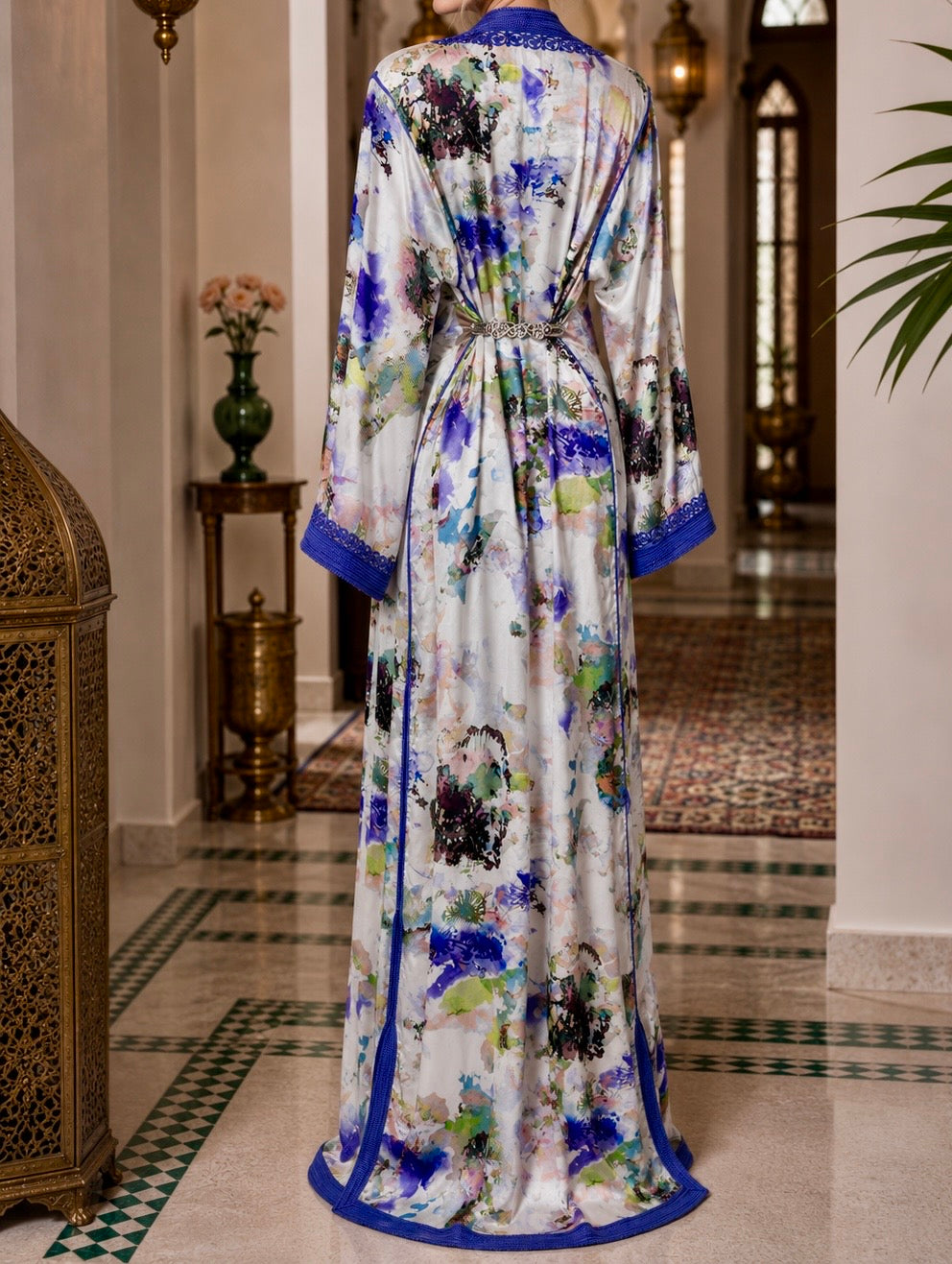One-Piece Moroccan Satin Silk Caftan – Abstract Floral Print | Modest Luxury Dress