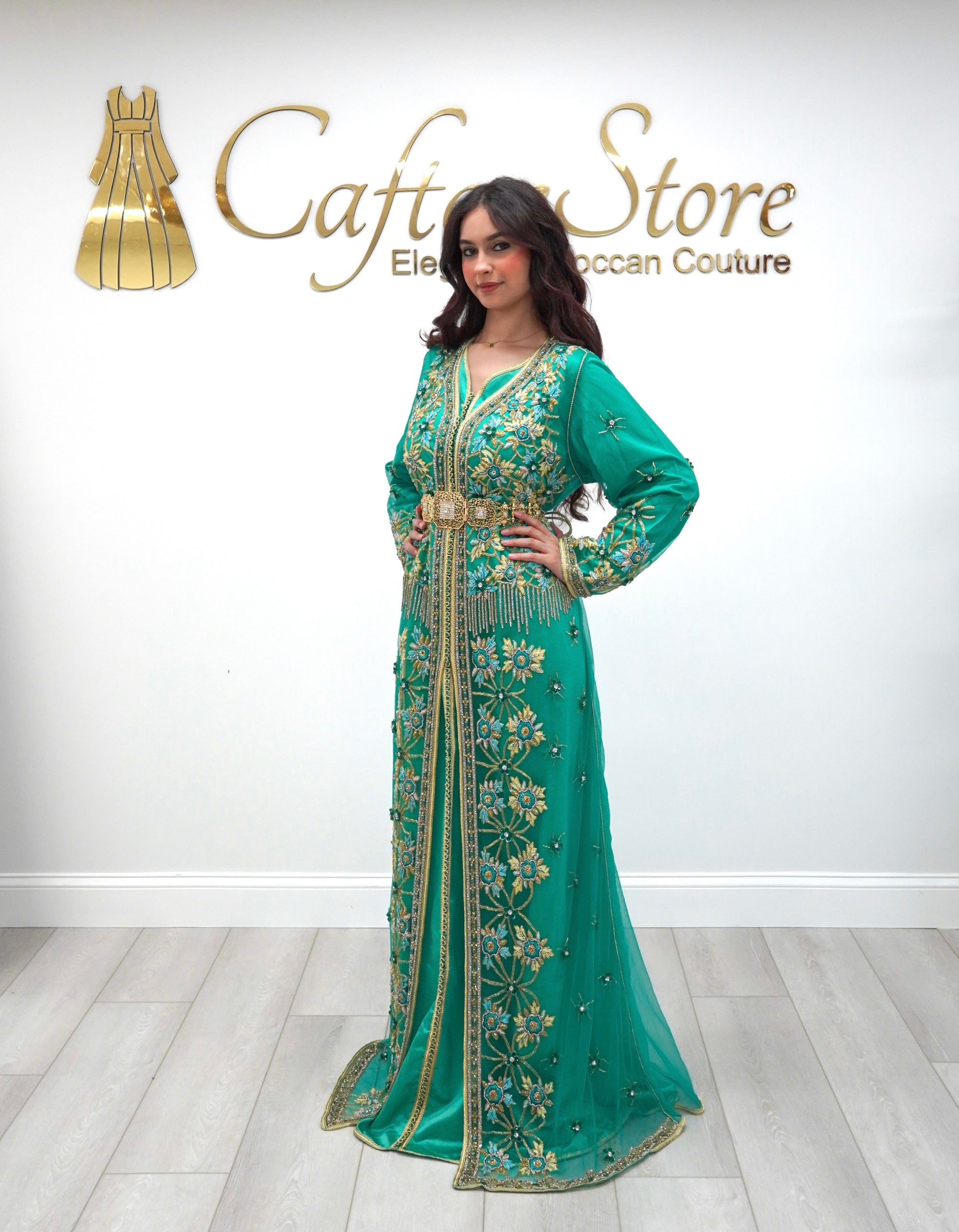 Emerald Green Moroccan Caftan – 2-Piece Embroidered Tulle Takchita