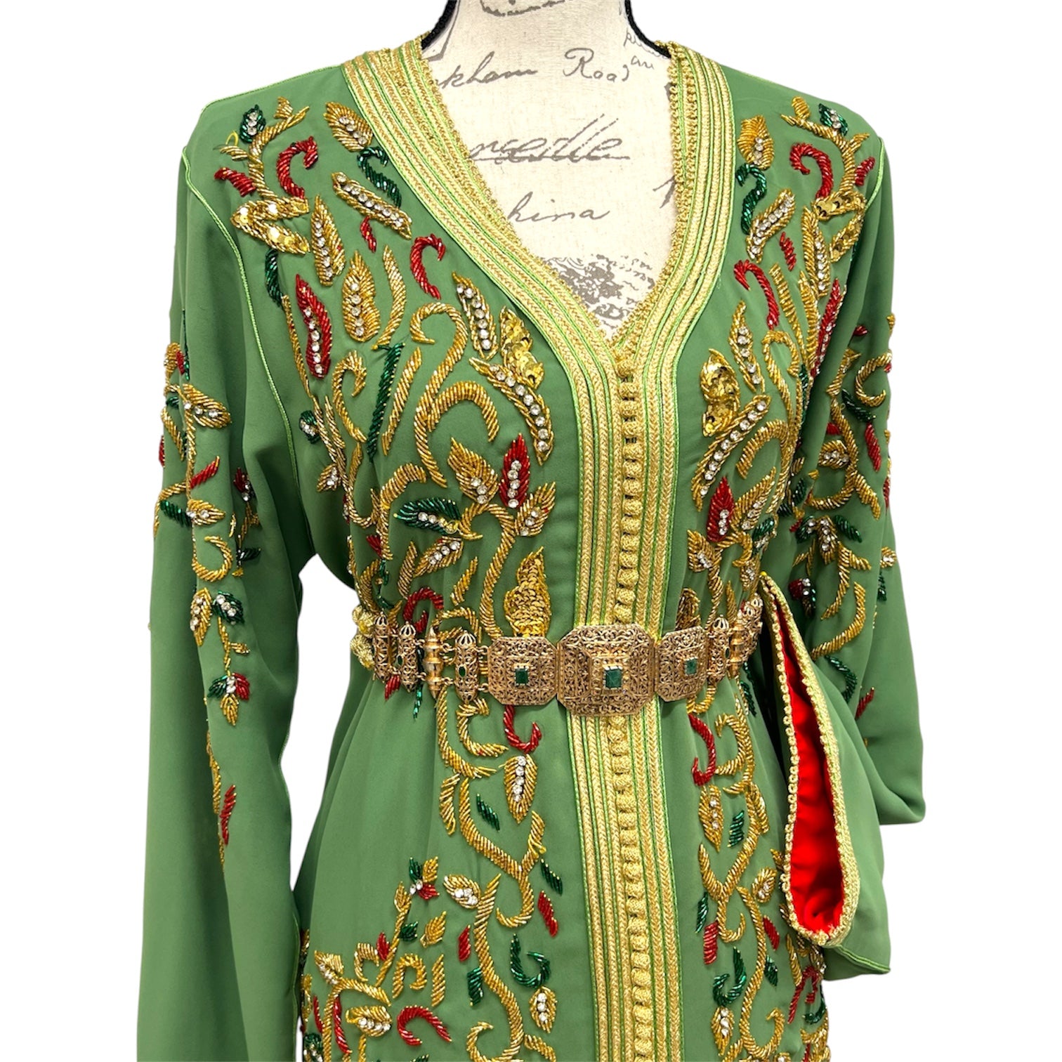 Sage Green Moroccan Caftan – Hand Beaded Embroidered Formal Dress