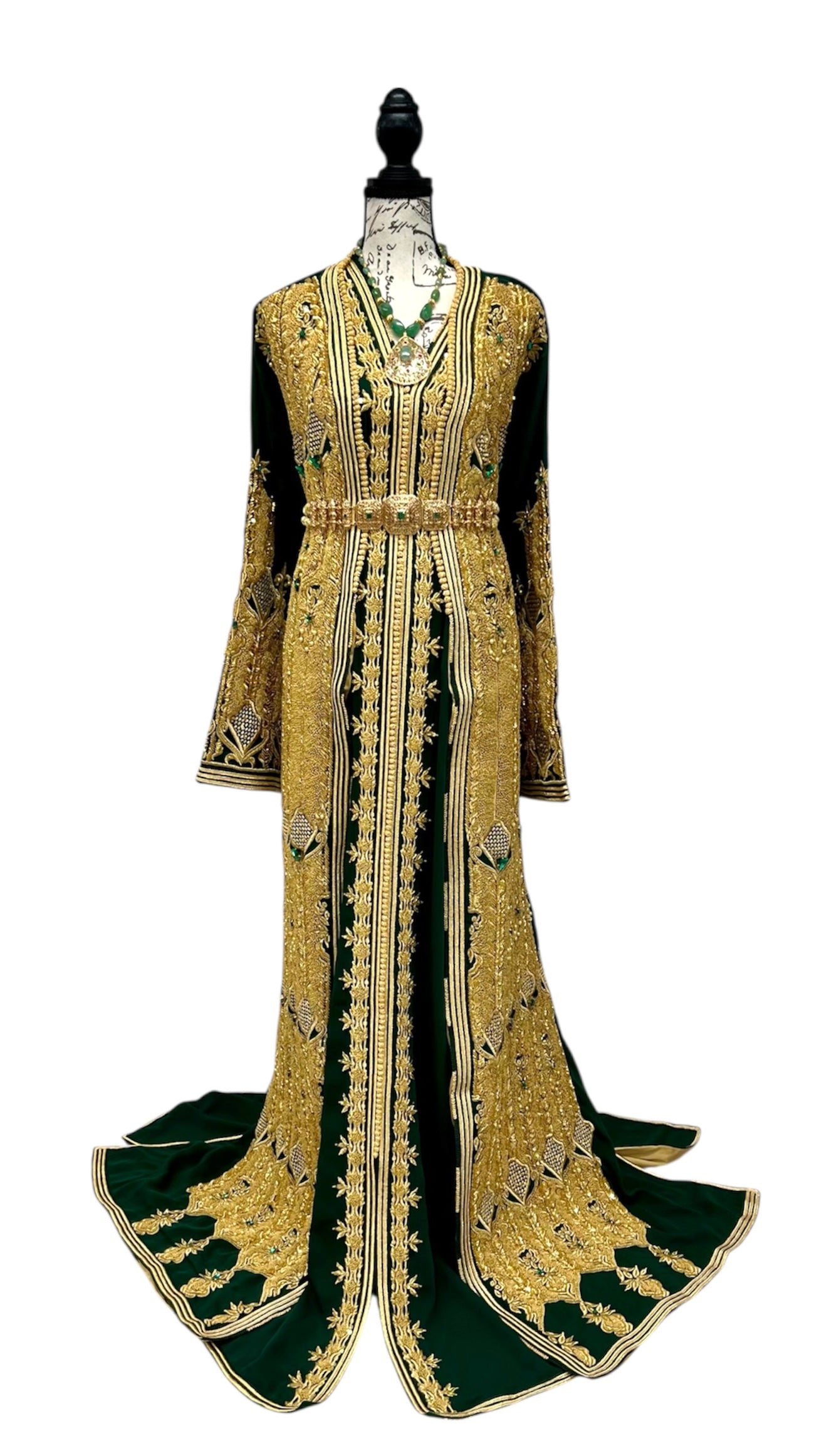 Luxury Emerald Green Moroccan Caftan, Designer Two Piece Bridal Takchita, Hand Beaded Gold & Emerald Stones