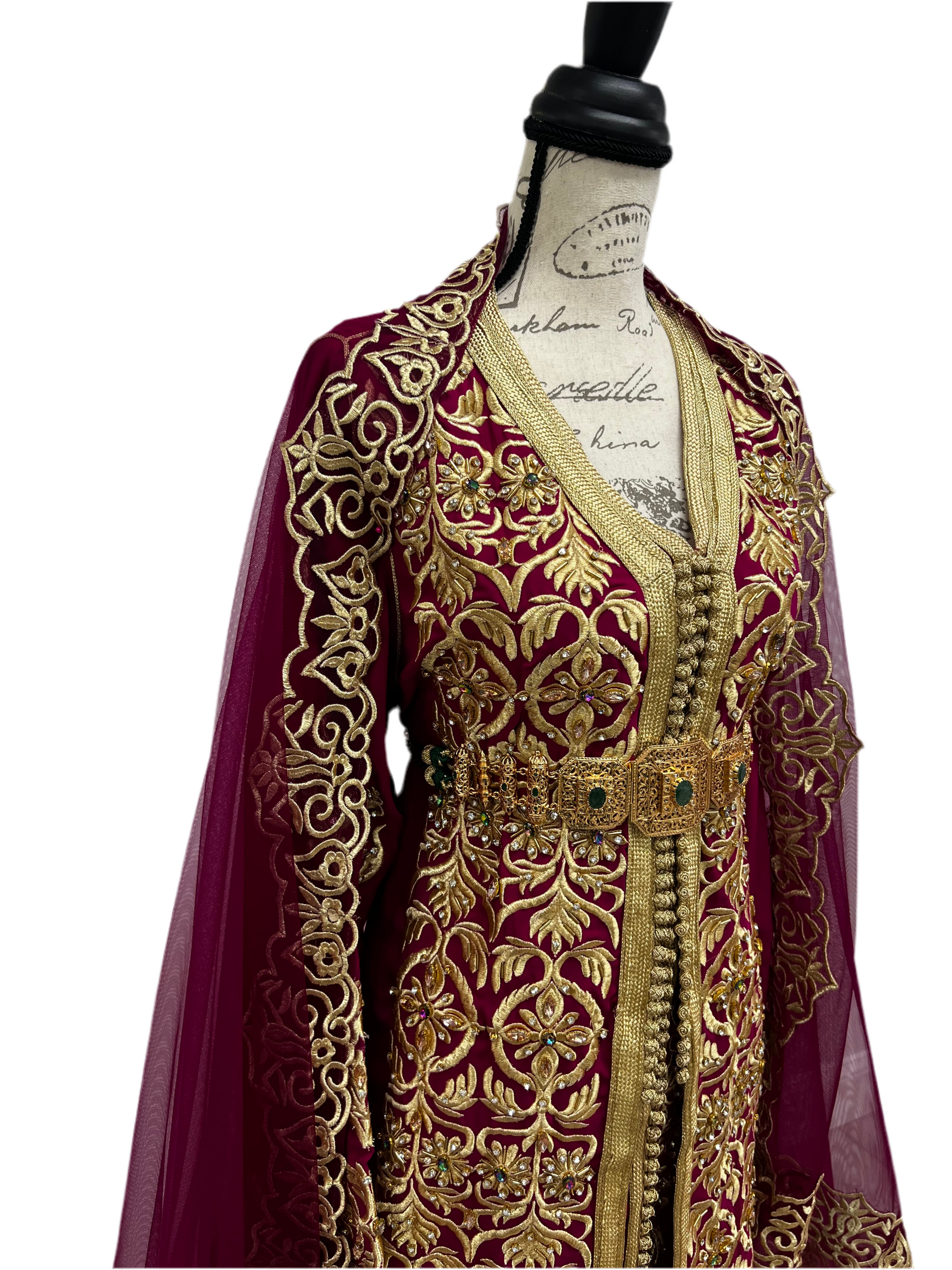 Two-Piece Fuchsia Caftan with Gold Embroidery
